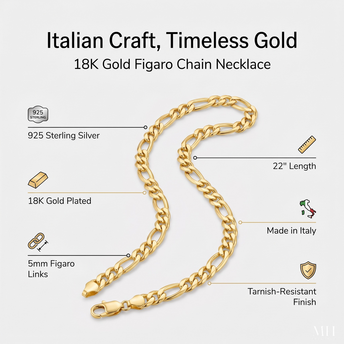 18K Gold Figaro Chain Necklace | 5mm Sterling Silver Italian Chain – MH Elegance