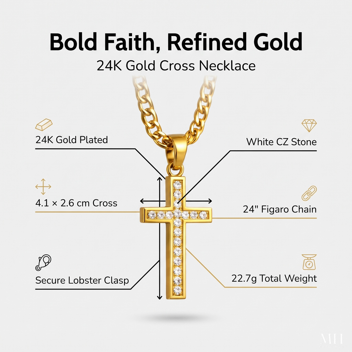 Collar con cruz de fe eterna bañada en oro de 24 quilates | Colgante religioso para hombre | Joyería espiritual para hombre – MH ELEGANCE