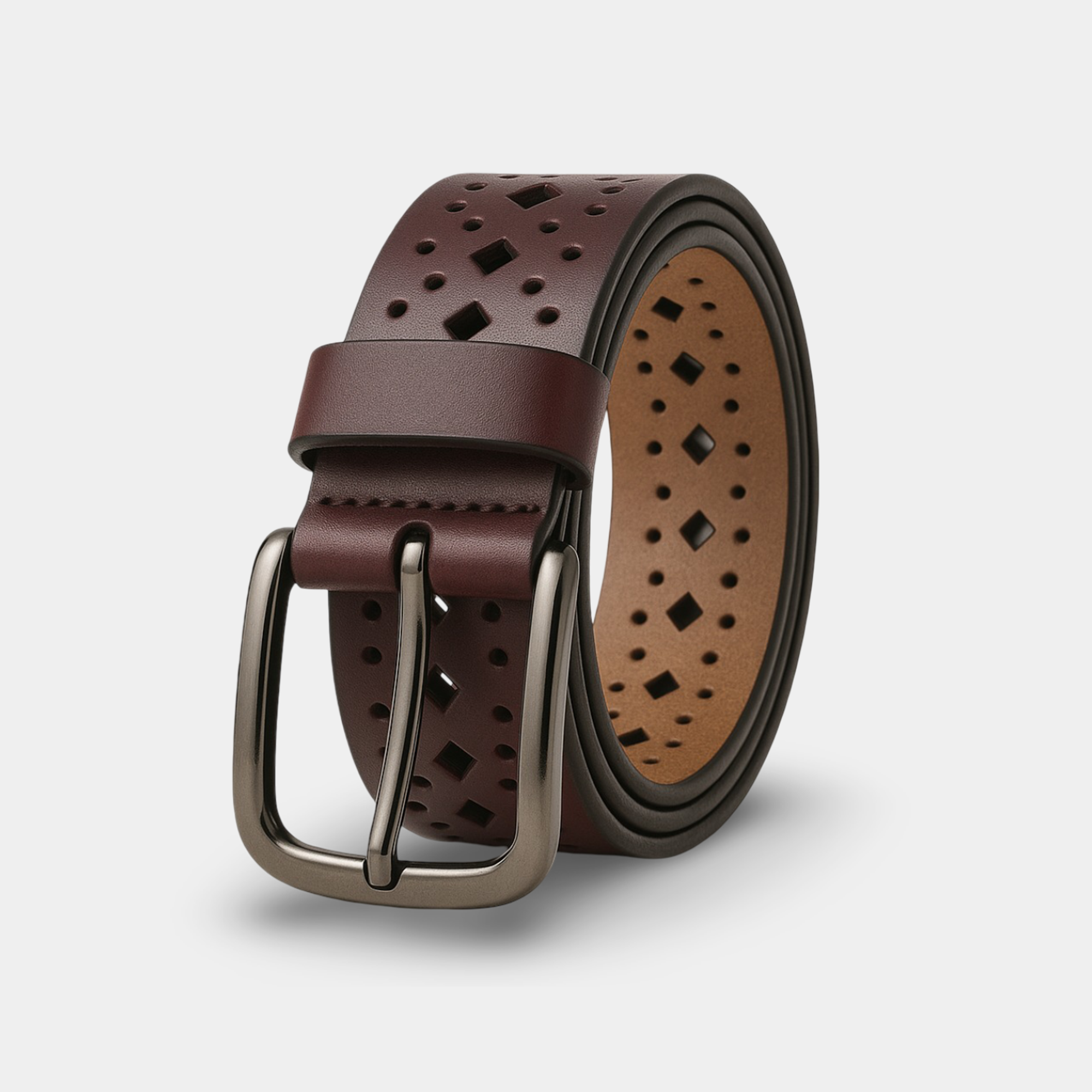 Premium hollow leather belt for women in rich cognac brown, showing lightweight full-grain Italian leather construction and antique brass buckle