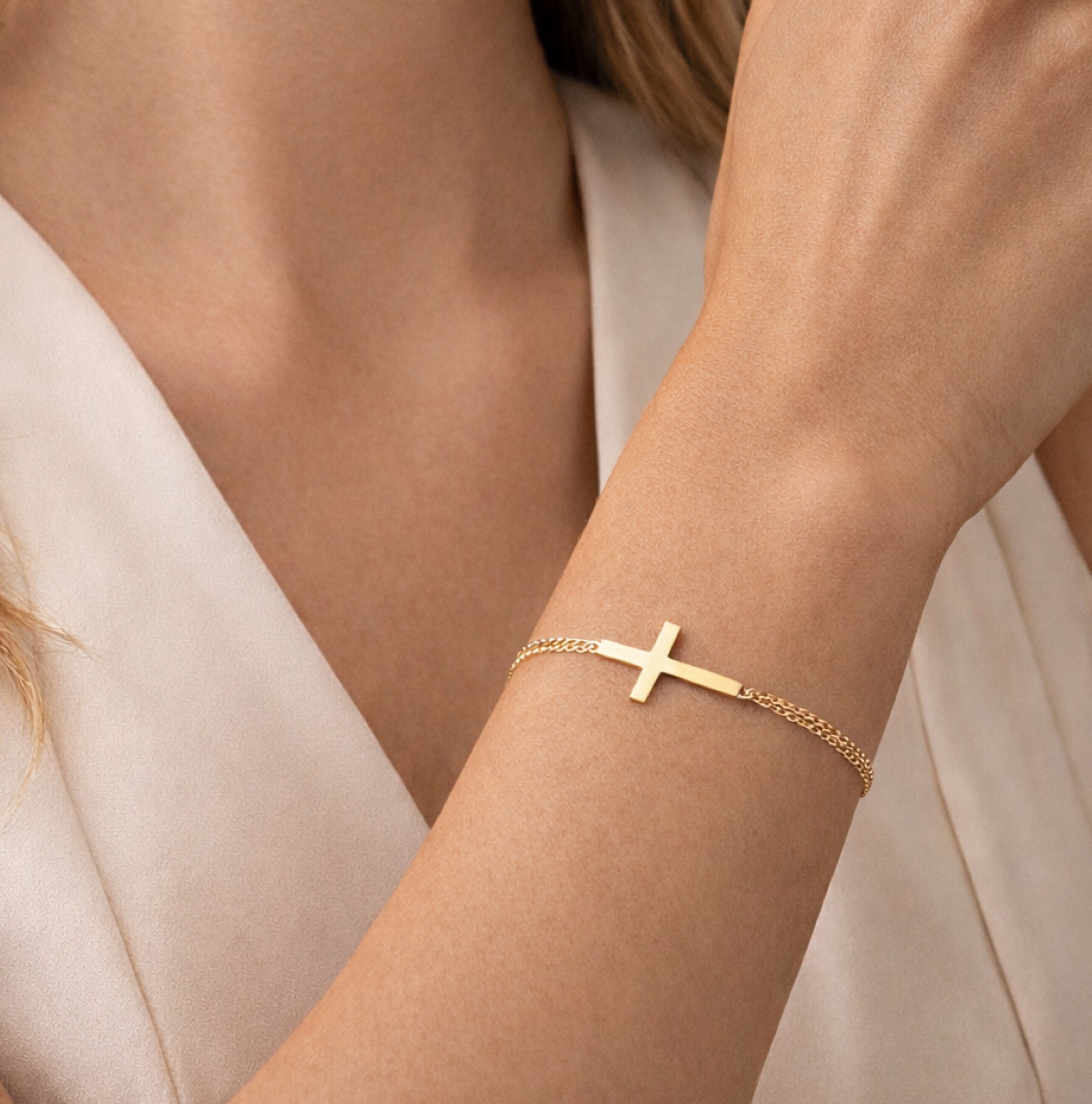 14K Gold Sideways Sacred Grace Cross Bracelet