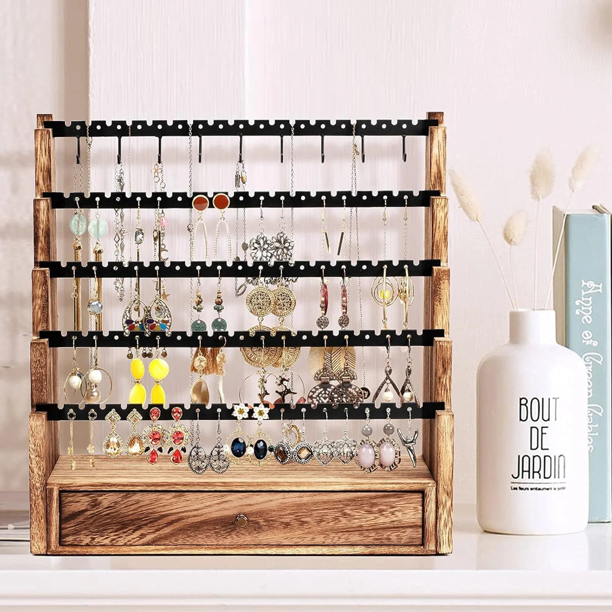 5 Layer Earring Organizer with Necklace Holder | Rustic Wood Stand - MH ELEGANCE - 5 Layer Earring Organizer with Necklace Holder | Rustic Wood Stand -