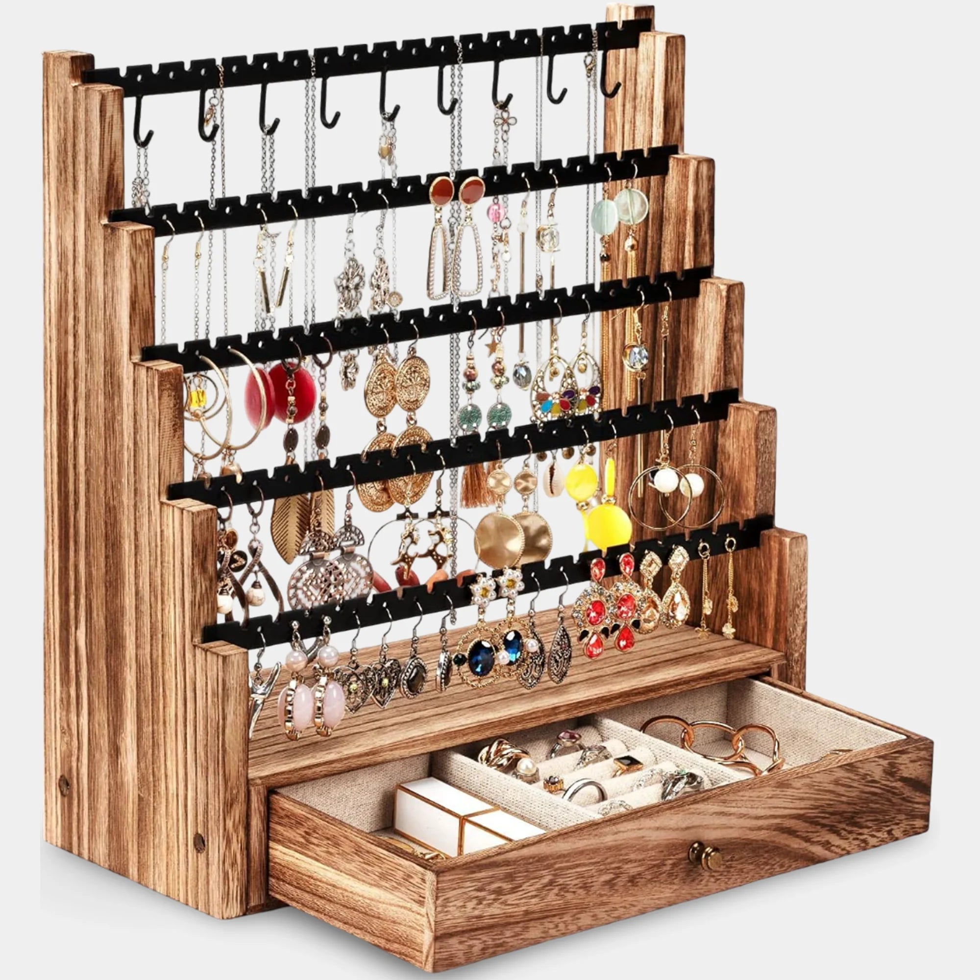 5 Layer Earring Organizer with Necklace Holder | Rustic Wood Stand - MH ELEGANCE - 5 Layer Earring Organizer with Necklace Holder | Rustic Wood Stand -
