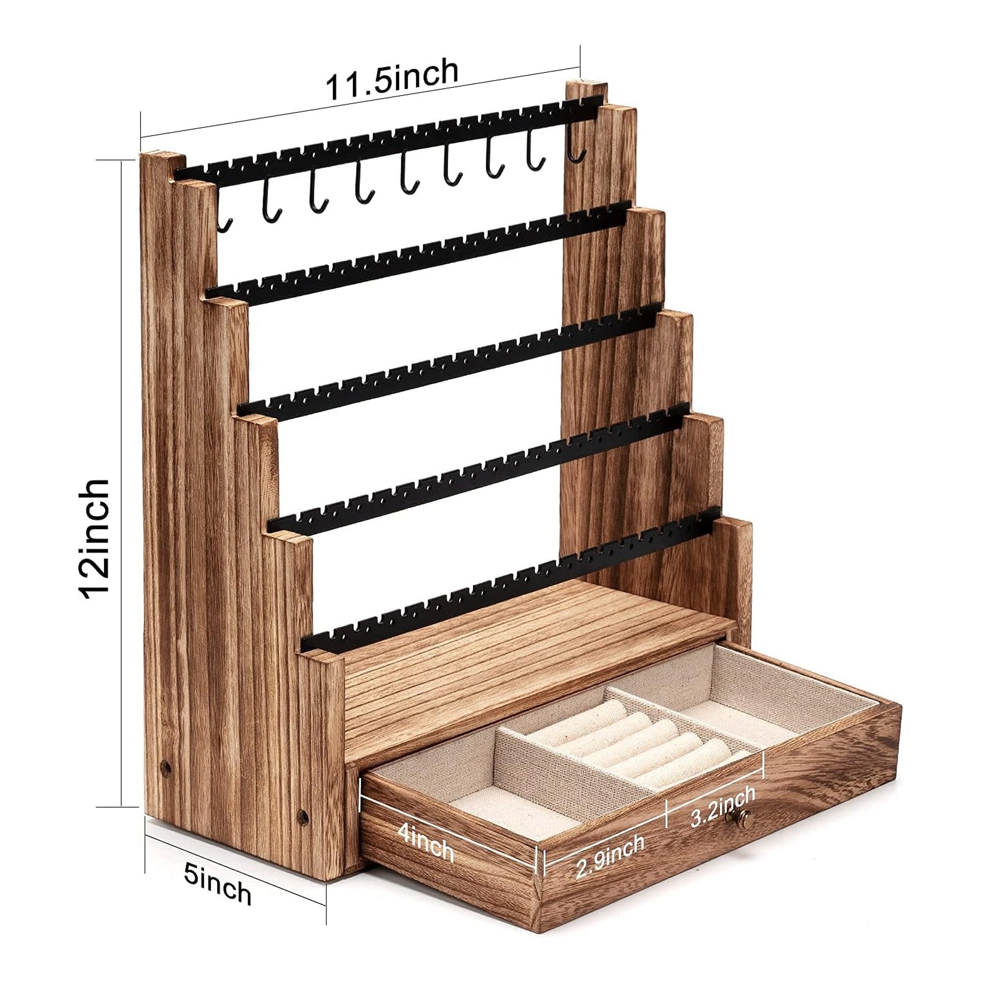 5 Layer Earring Organizer with Necklace Holder | Rustic Wood Stand - MH ELEGANCE - 5 Layer Earring Organizer with Necklace Holder | Rustic Wood Stand -