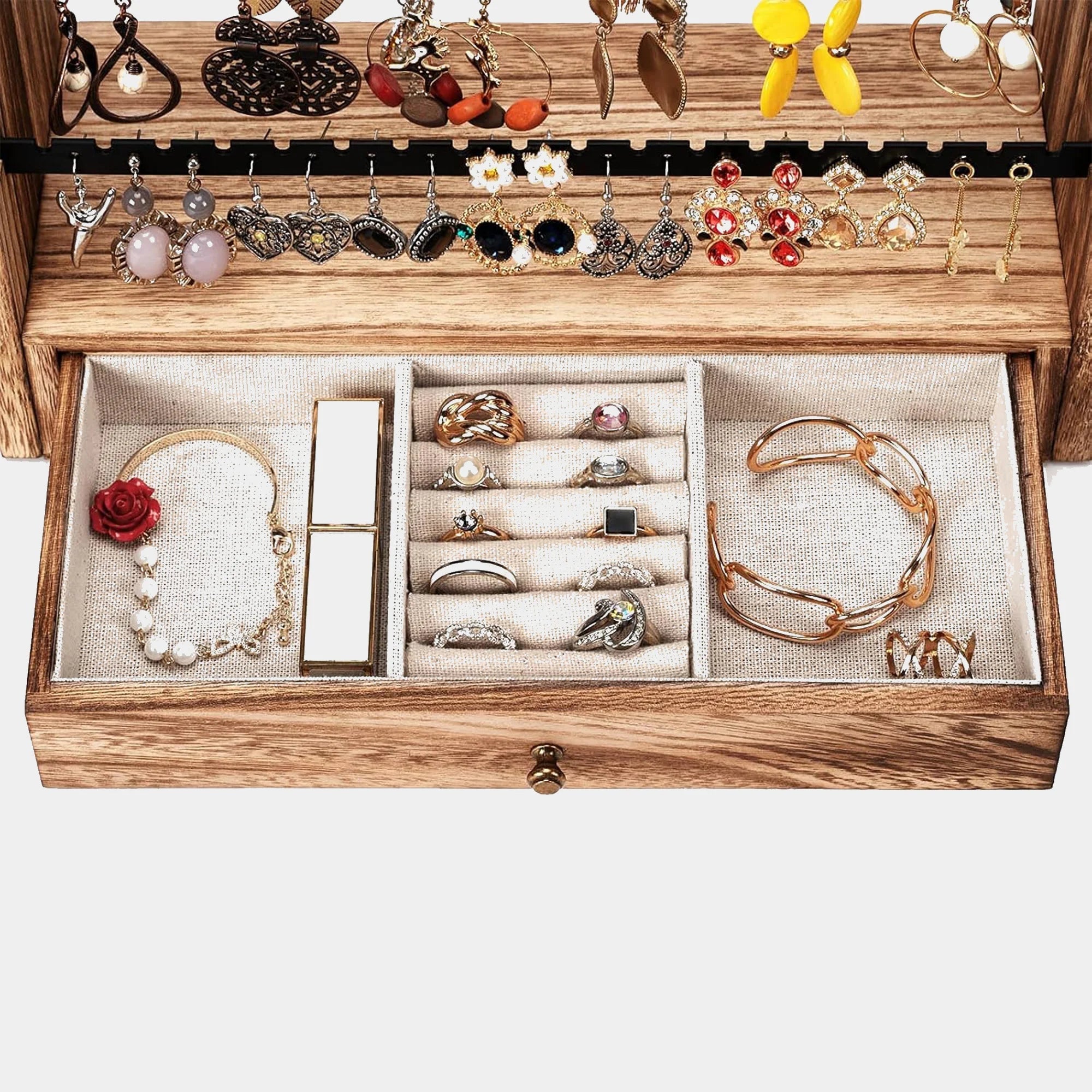 5 Layer Earring Organizer with Necklace Holder | Rustic Wood Stand - MH ELEGANCE - 5 Layer Earring Organizer with Necklace Holder | Rustic Wood Stand -