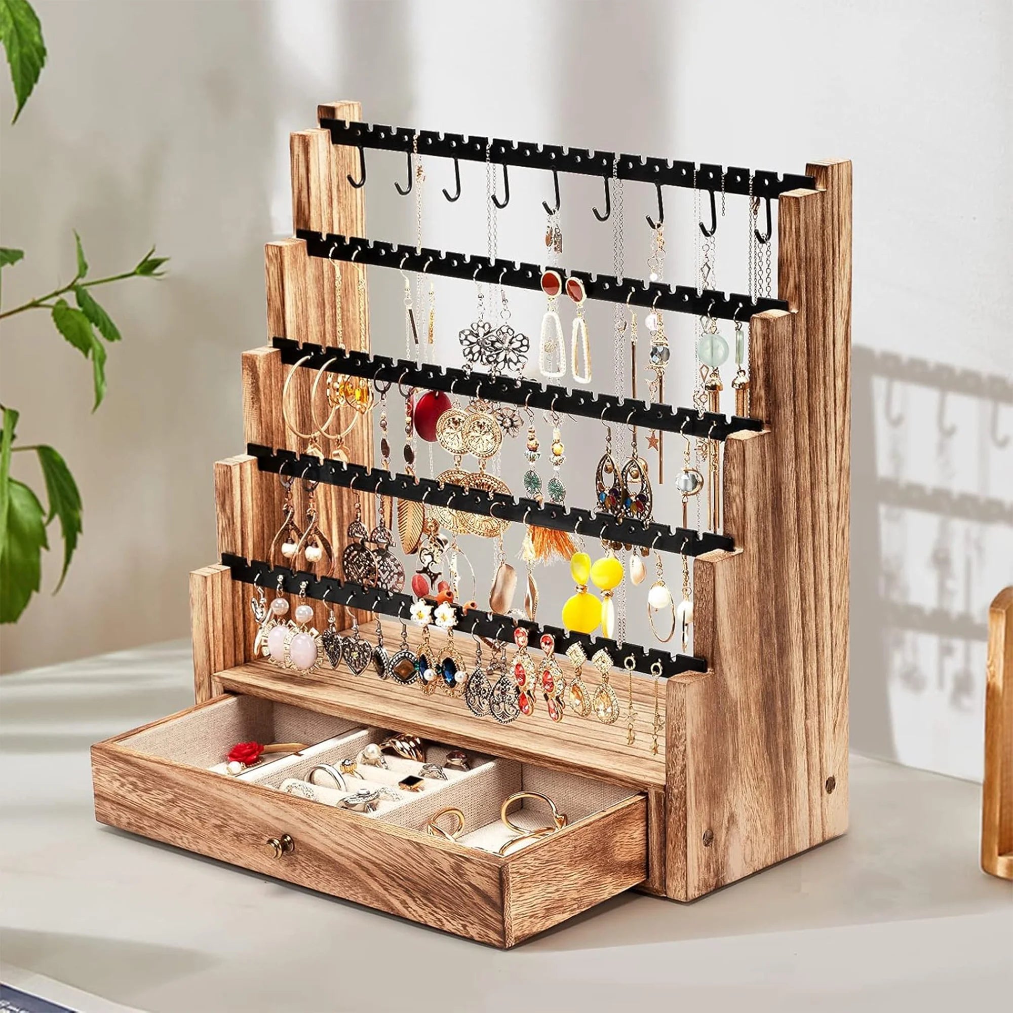 5 Layer Earring Organizer with Necklace Holder | Rustic Wood Stand - MH ELEGANCE - 5 Layer Earring Organizer with Necklace Holder | Rustic Wood Stand -