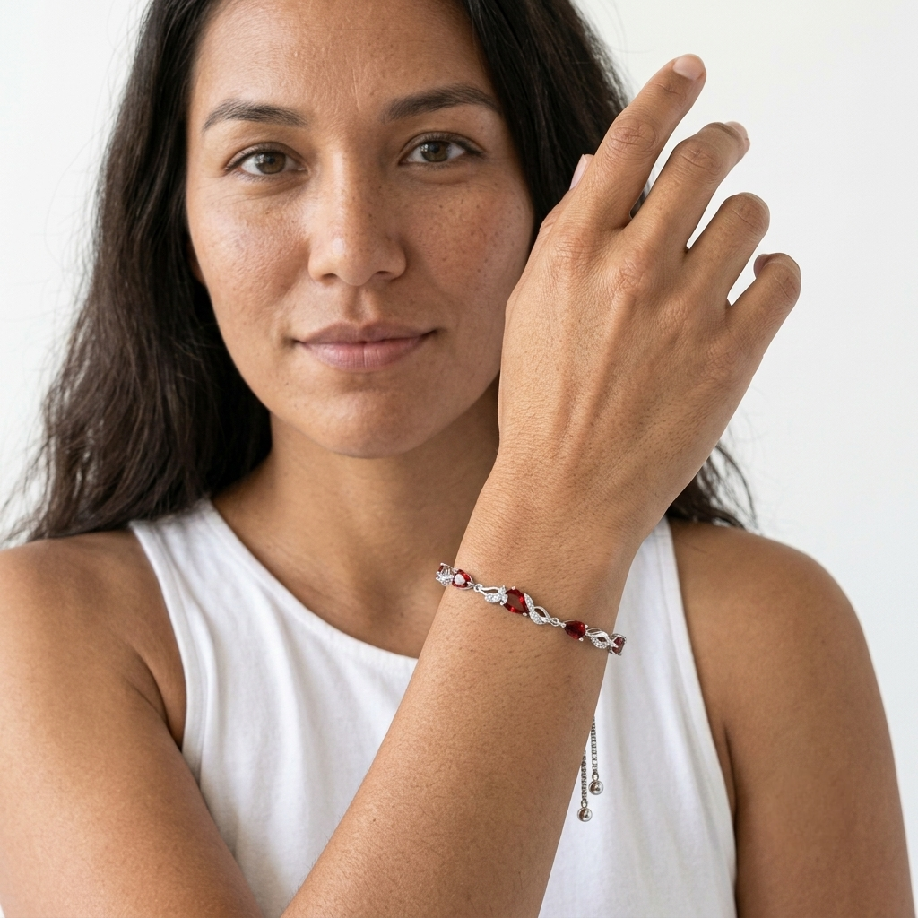 Close-up of woman wearing sterling silver garnet teardrop bracelet on her wrist