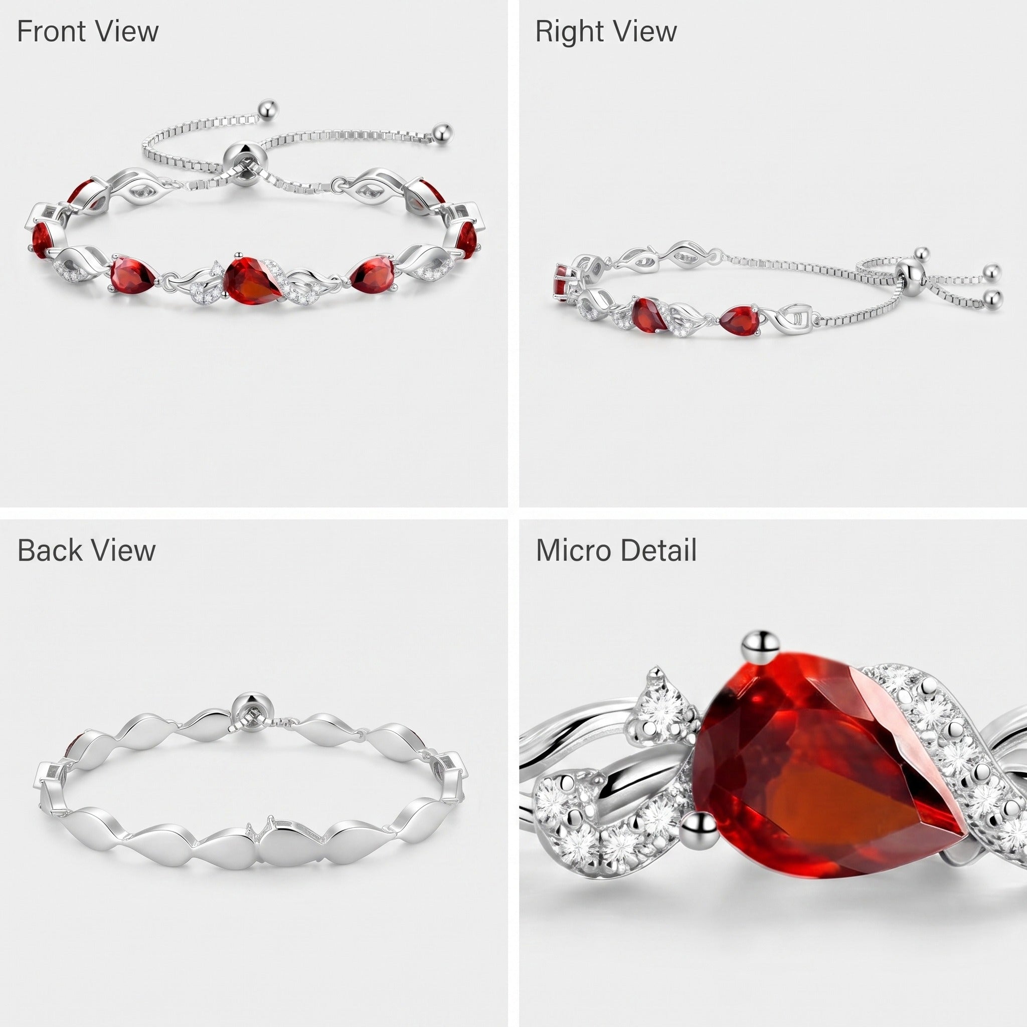 Front, side, back, and macro detail views of the sterling silver garnet teardrop tennis bracelet