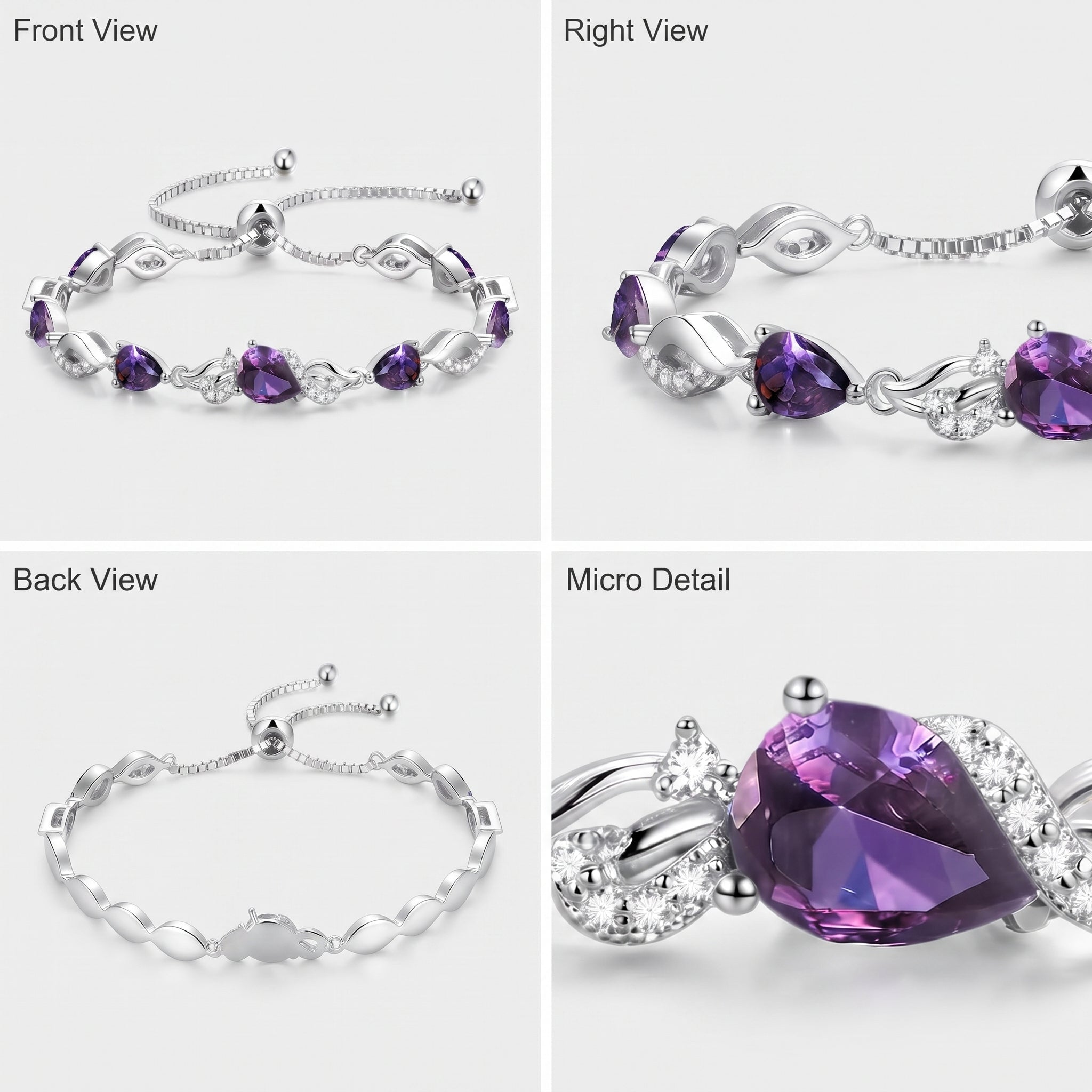 Front, side, back, and macro detail views of the sterling silver amethyst teardrop tennis bracelet