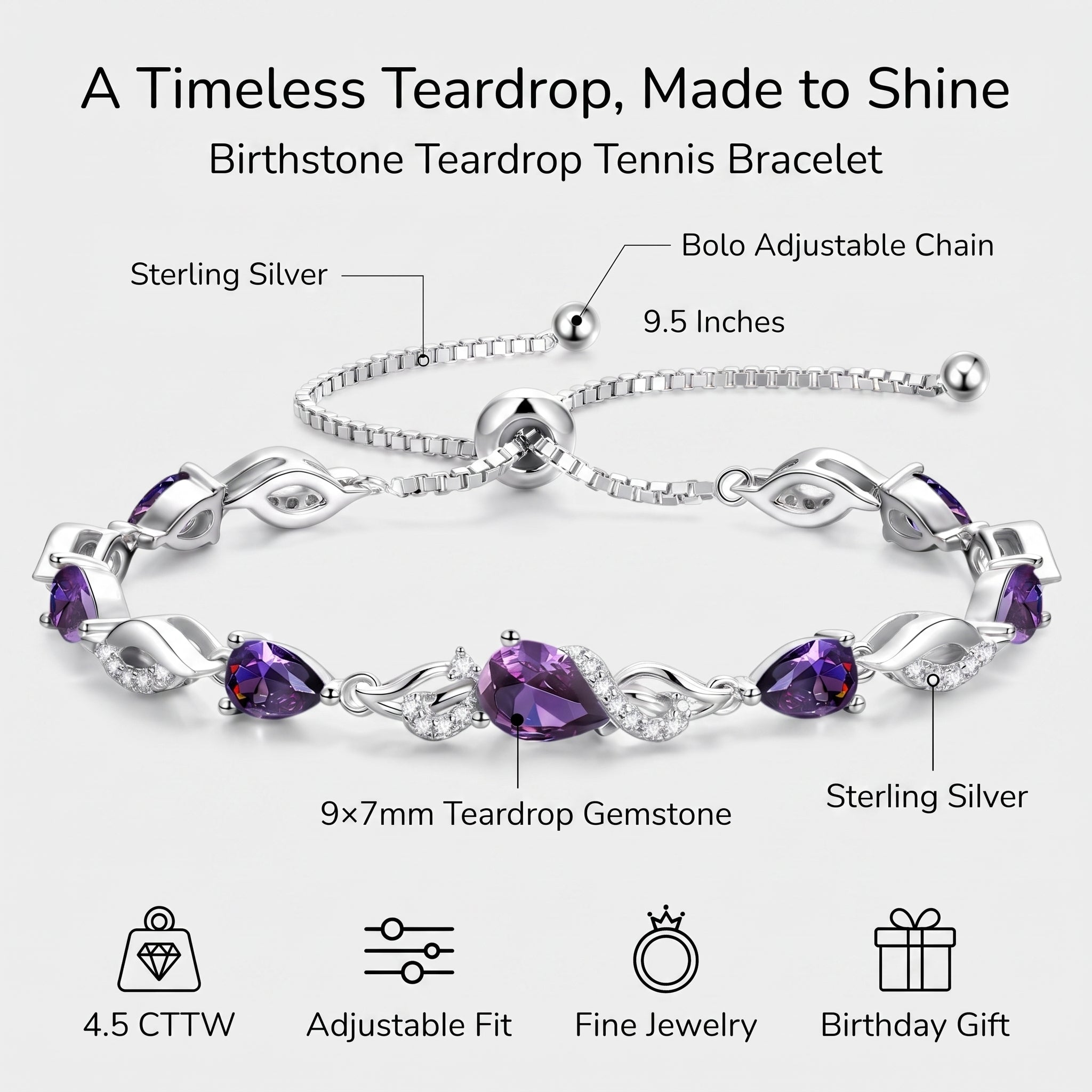 Infographic showing 9x7mm teardrop amethyst gemstones, sterling silver, and adjustable bolo chain details of the bracelet