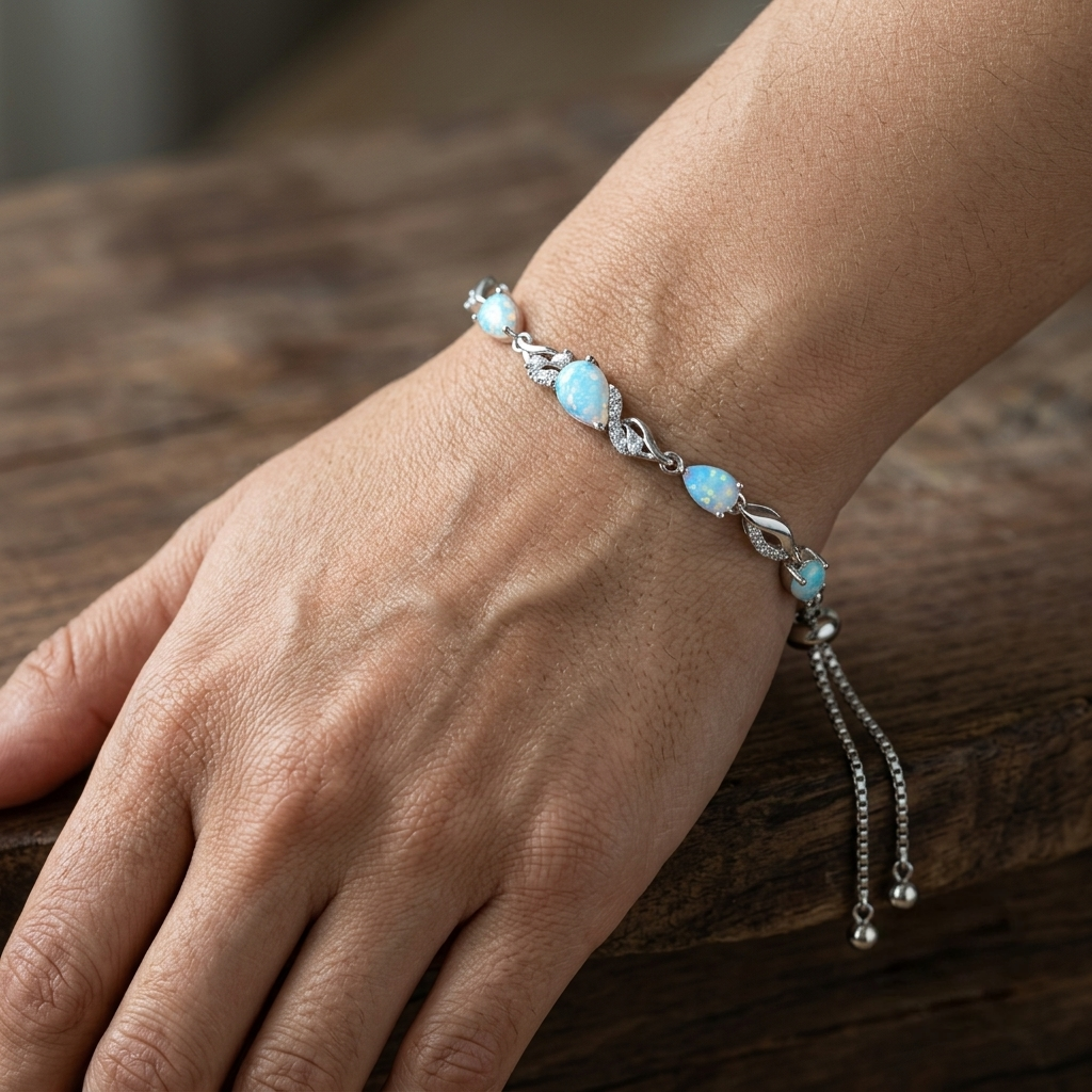 Opal tennis bracelet worn on a wrist resting on a wood table, showing the teardrop opal stones up close.