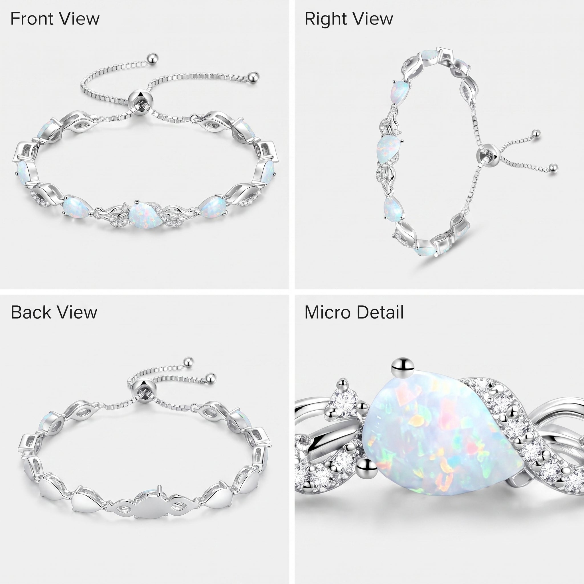 Four angles of the opal tennis bracelet: front view, right view, back view, and a macro detail of the center opal stone.