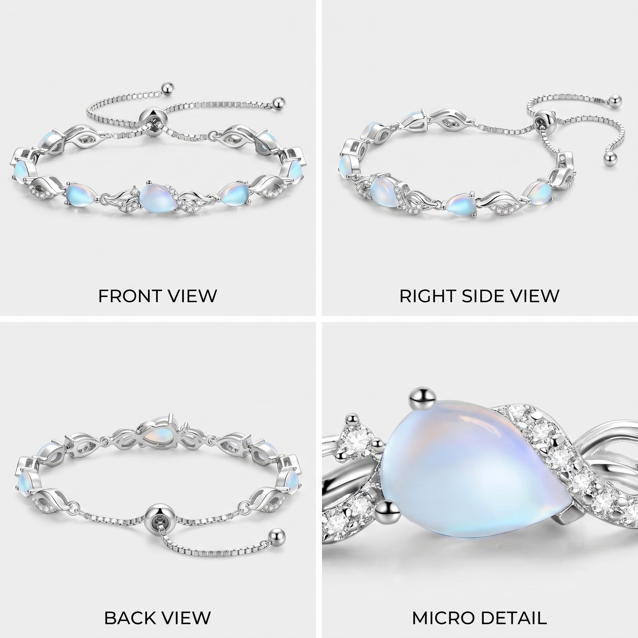 Two angles of the moonstone tennis bracelet: front view and right side view, showing the full link design.