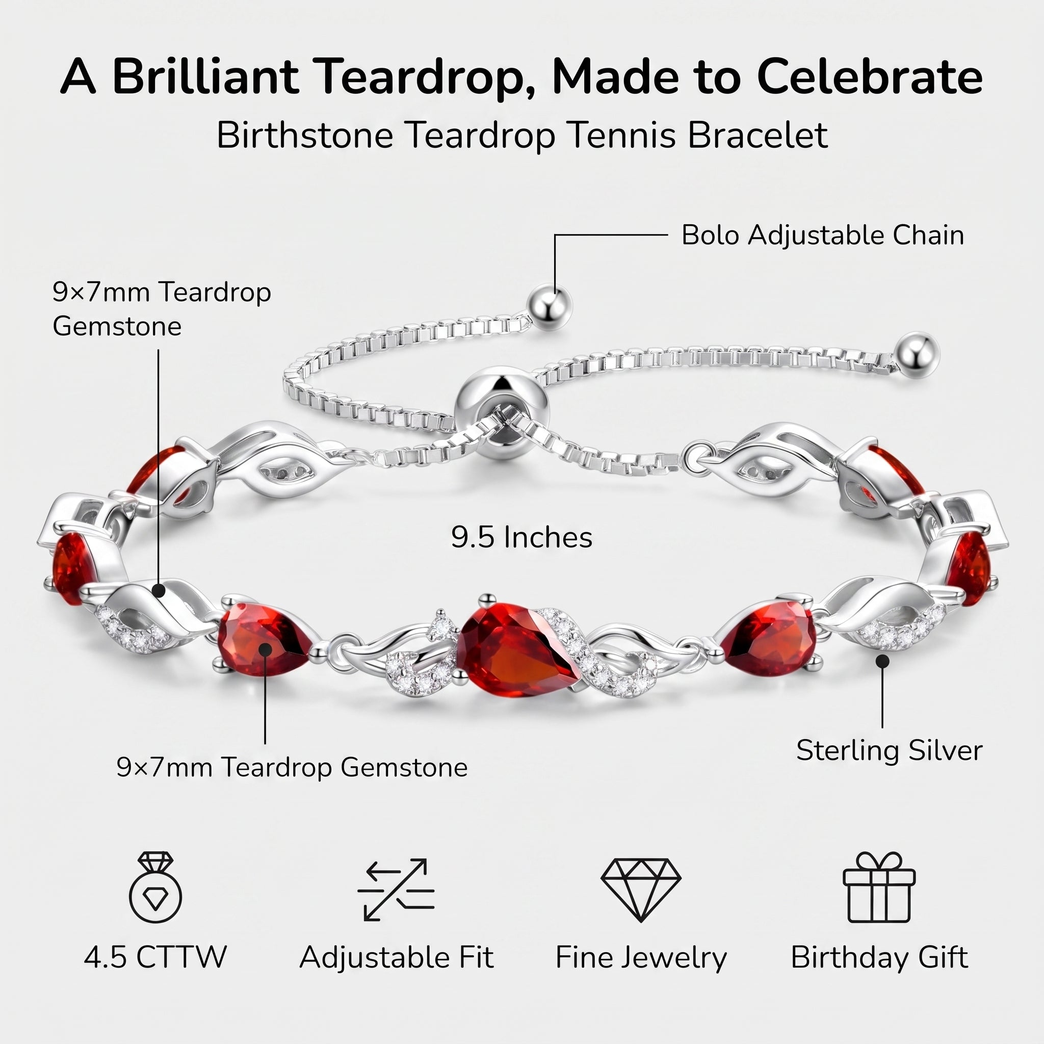 Infographic showing the ruby tennis bracelet's 9x7mm teardrop gemstone, sterling silver setting, bolo adjustable chain, and 9.5 inch length.