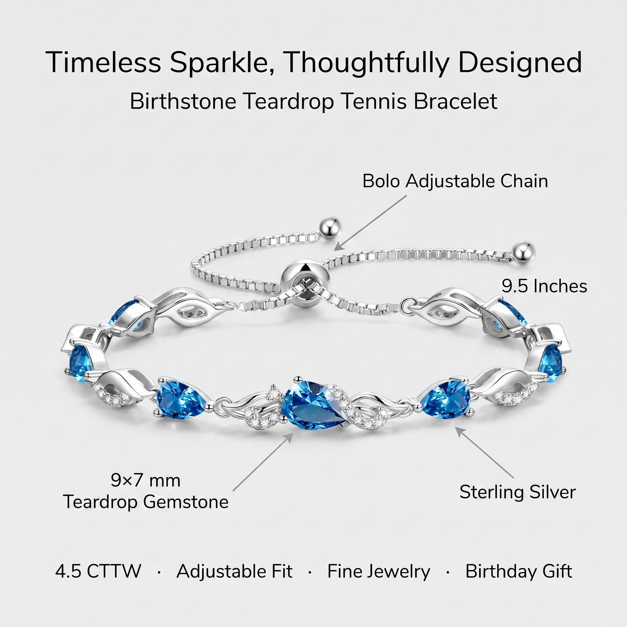 Infographic showing the blue topaz tennis bracelet's 9x7mm teardrop gemstone, sterling silver setting, bolo adjustable chain, and 9.5 inch length.