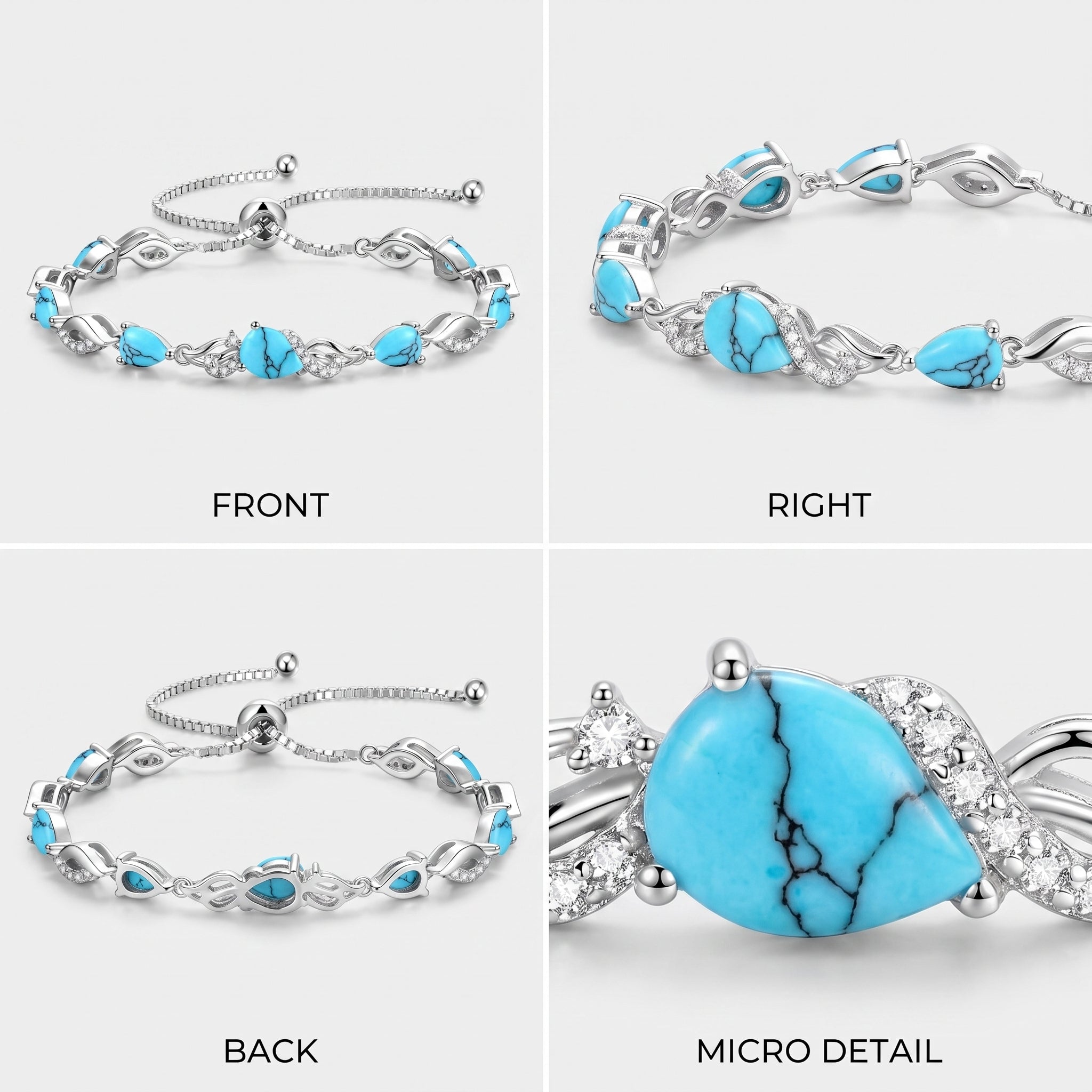 Four angles of the turquoise tennis bracelet: front view, right view, back view, and a macro detail of the center stone.