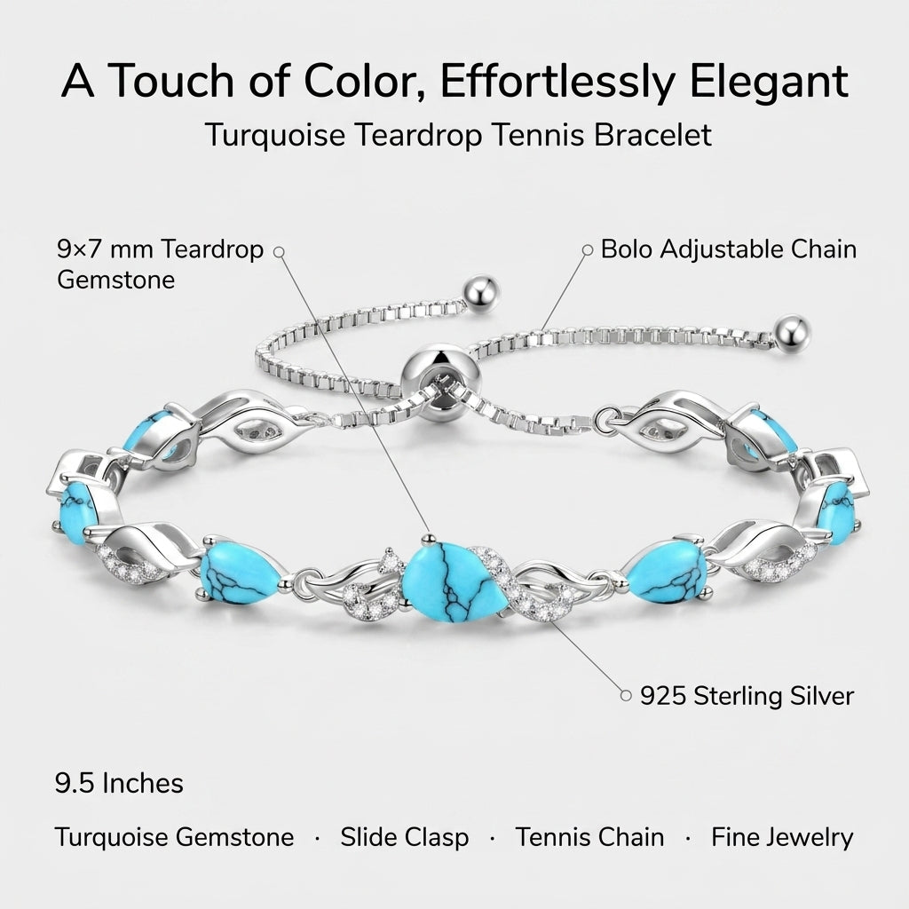 Infographic showing the turquoise tennis bracelet's 9x7mm teardrop gemstone, sterling silver setting, bolo adjustable chain, and 9.5 inch length.