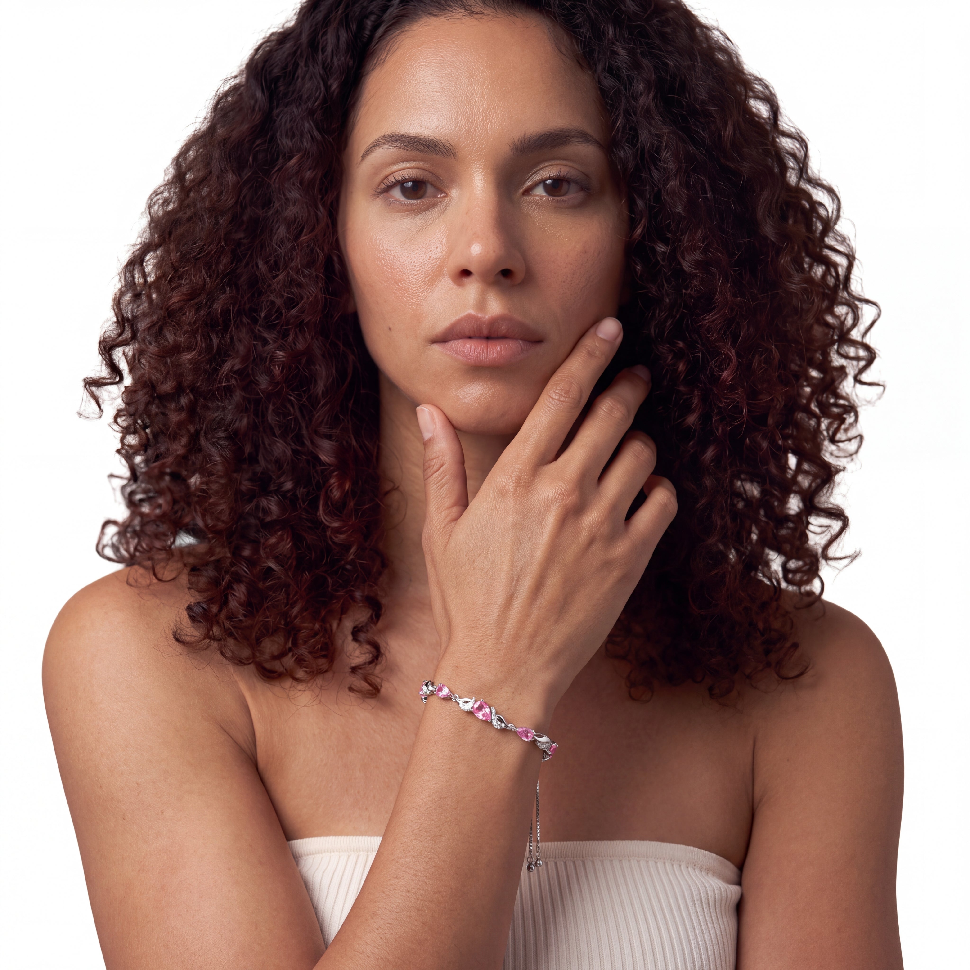 Model wearing sterling silver pink tourmaline bracelet as a birthday gift