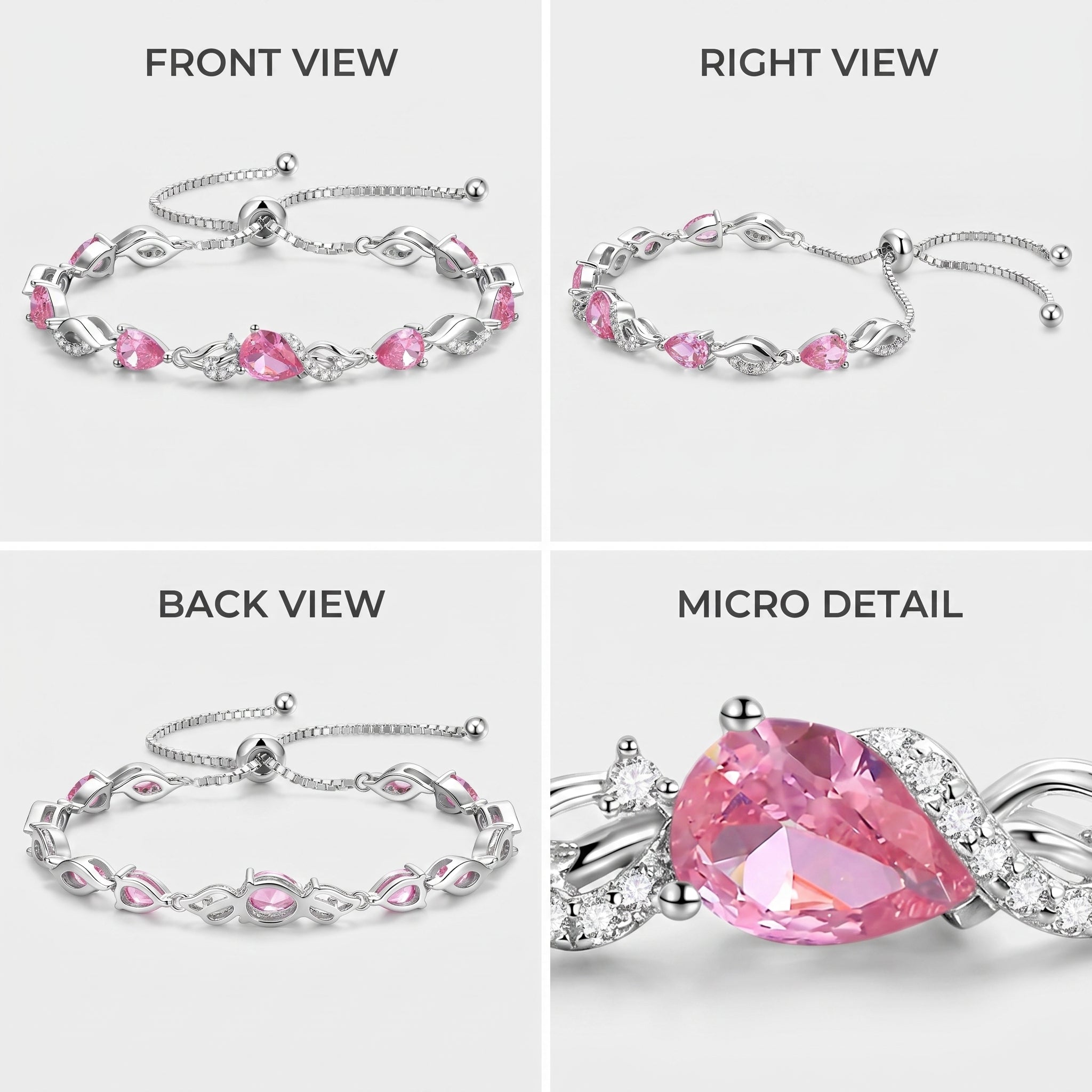 Front, side, back, and macro views of the pink tourmaline teardrop tennis bracelet