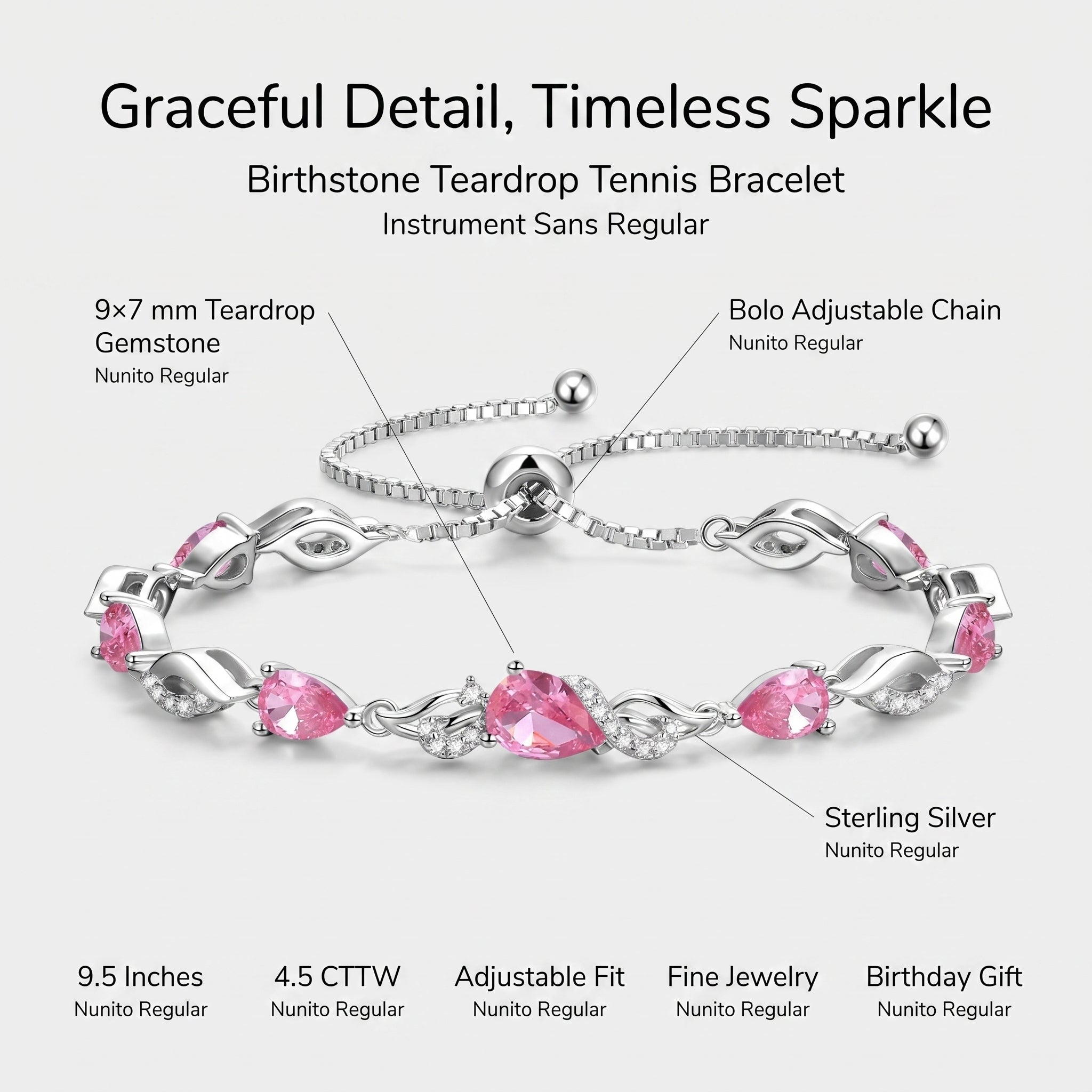 Pink tourmaline tennis bracelet details: 9x7mm teardrop gemstone, bolo adjustable chain, sterling silver, 9.5 inches, 4.5 CTTW