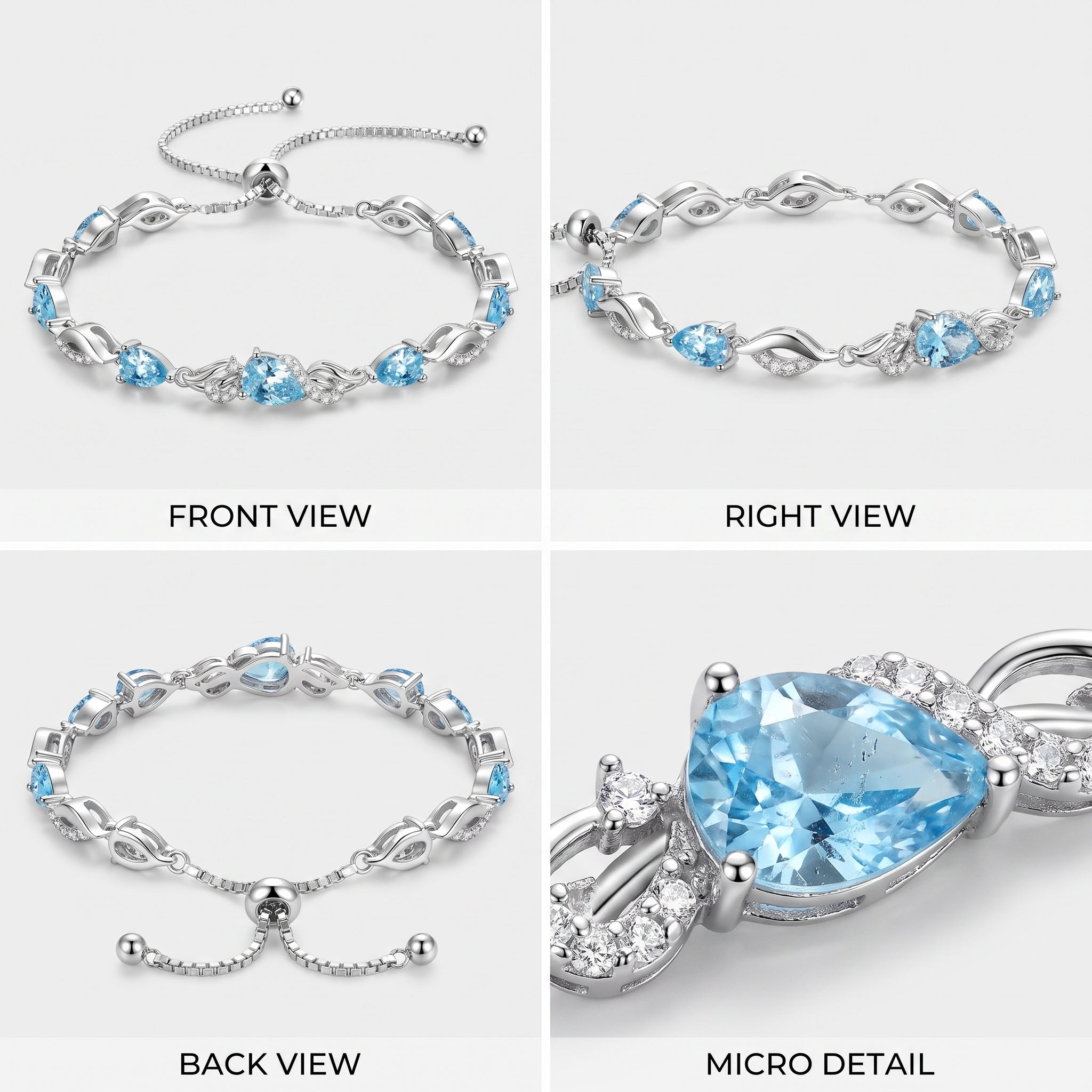 Front, side, back, and macro views of the aquamarine teardrop tennis bracelet