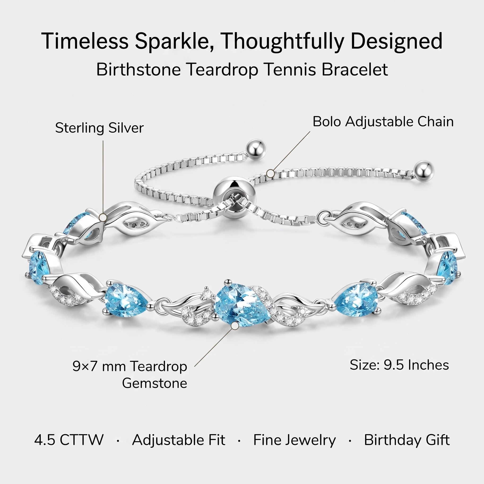 Aquamarine tennis bracelet details: 9x7mm teardrop gemstone, bolo adjustable chain, sterling silver, 9.5 inches, 4.5 CTTW