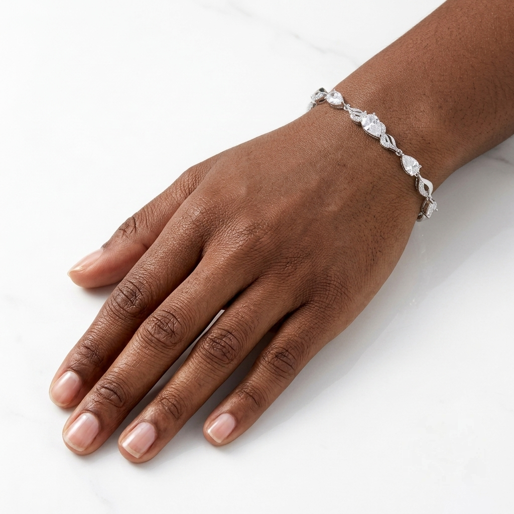 Close-up of CZ tennis bracelet worn on the wrist