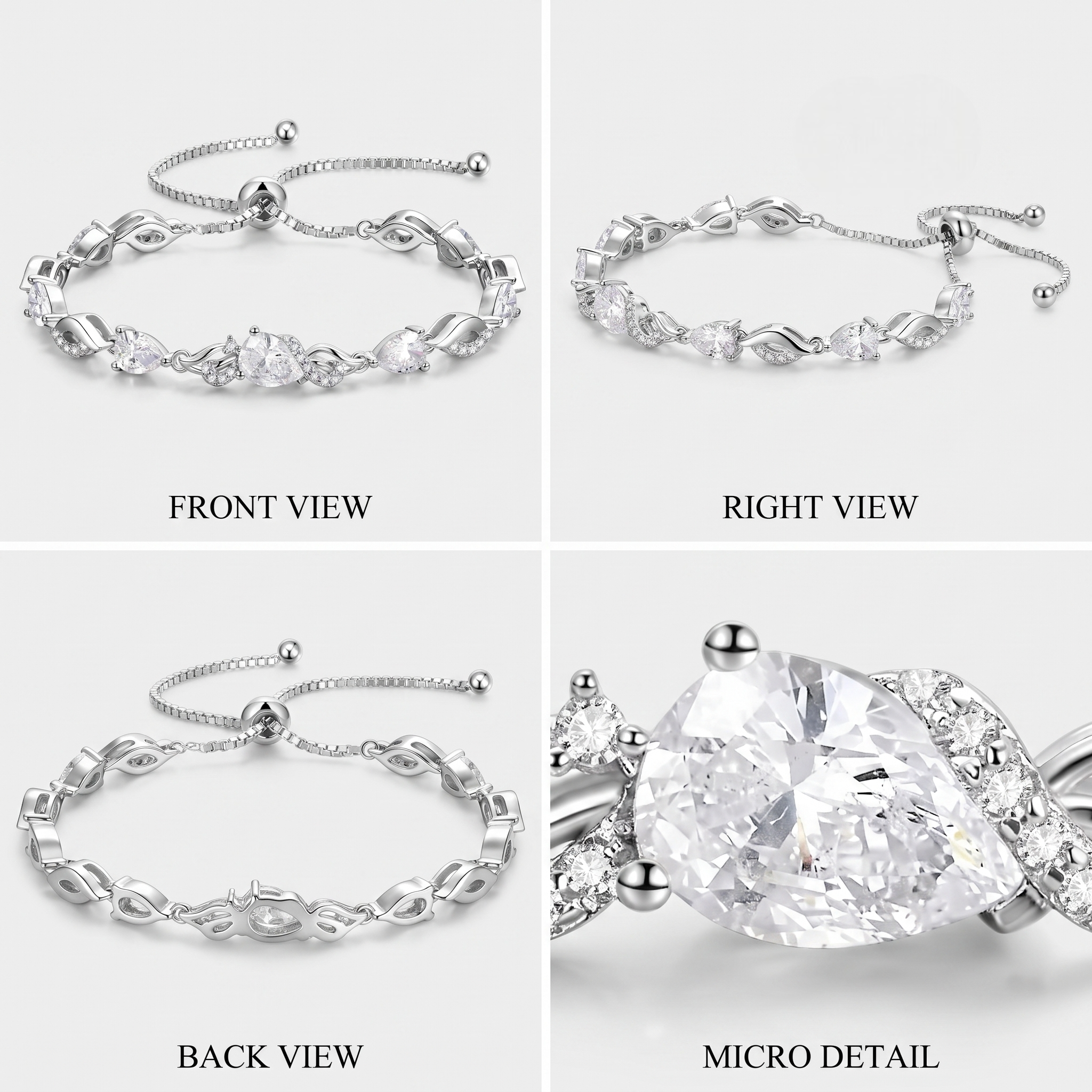 Front, side, back, and macro views of the CZ teardrop tennis bracelet