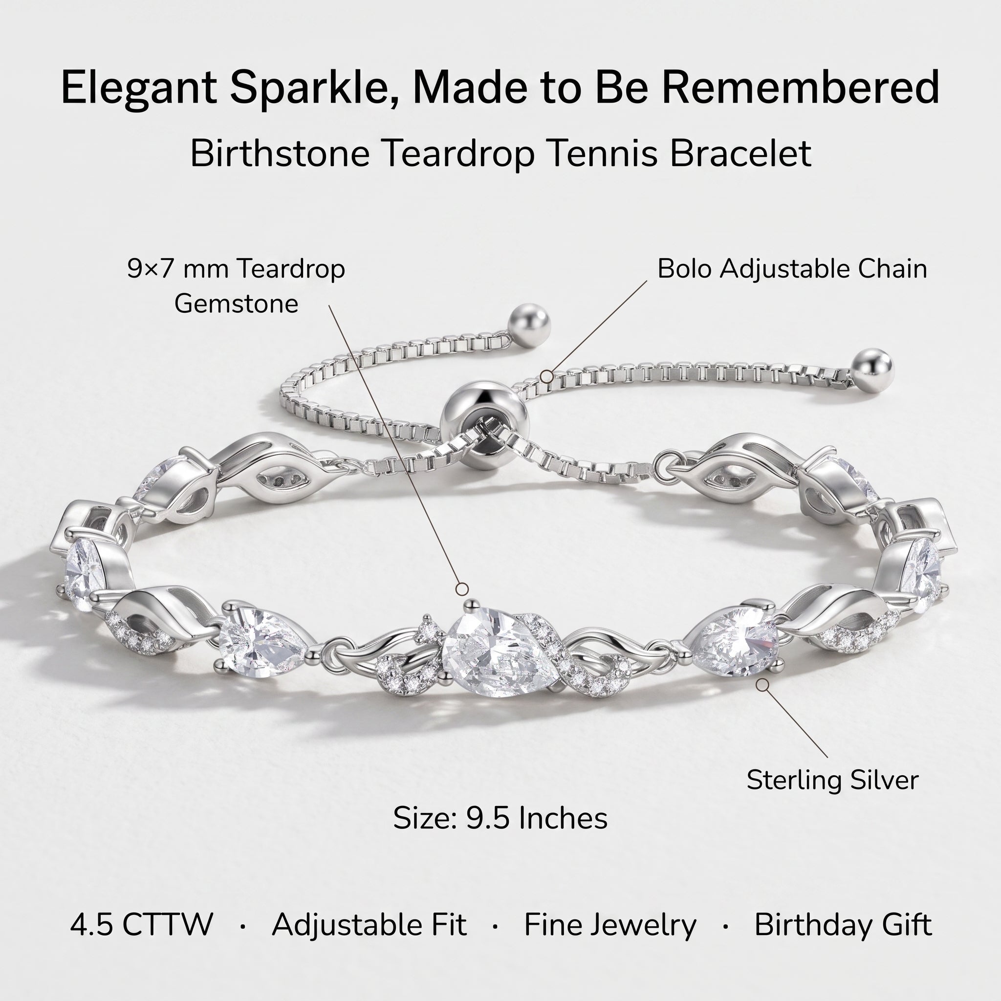 CZ tennis bracelet details: 9x7mm teardrop gemstone, bolo adjustable chain, sterling silver, 9.5 inches, 4.5 CTTW