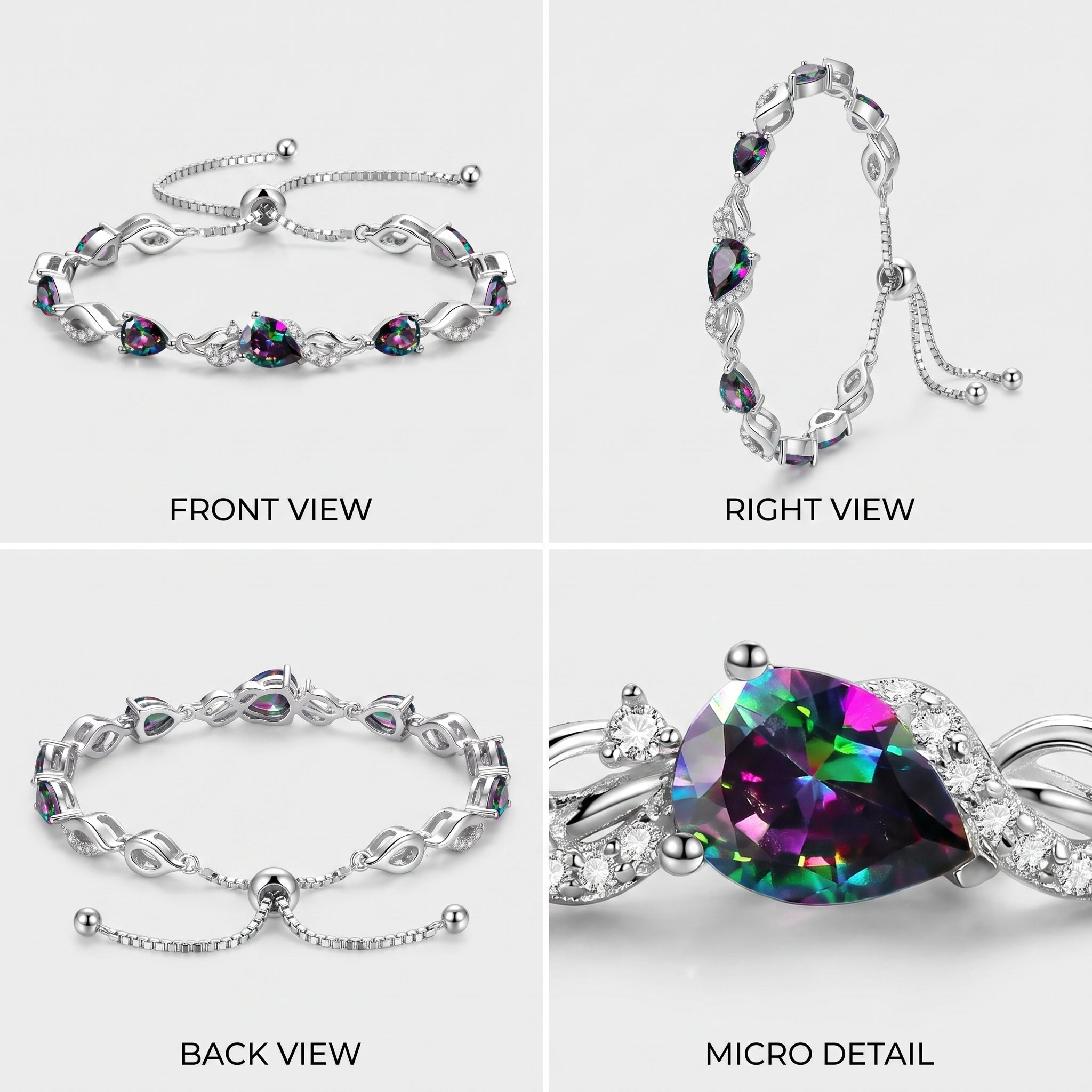 Front, side, back, and macro views of the alexandrite teardrop tennis bracelet