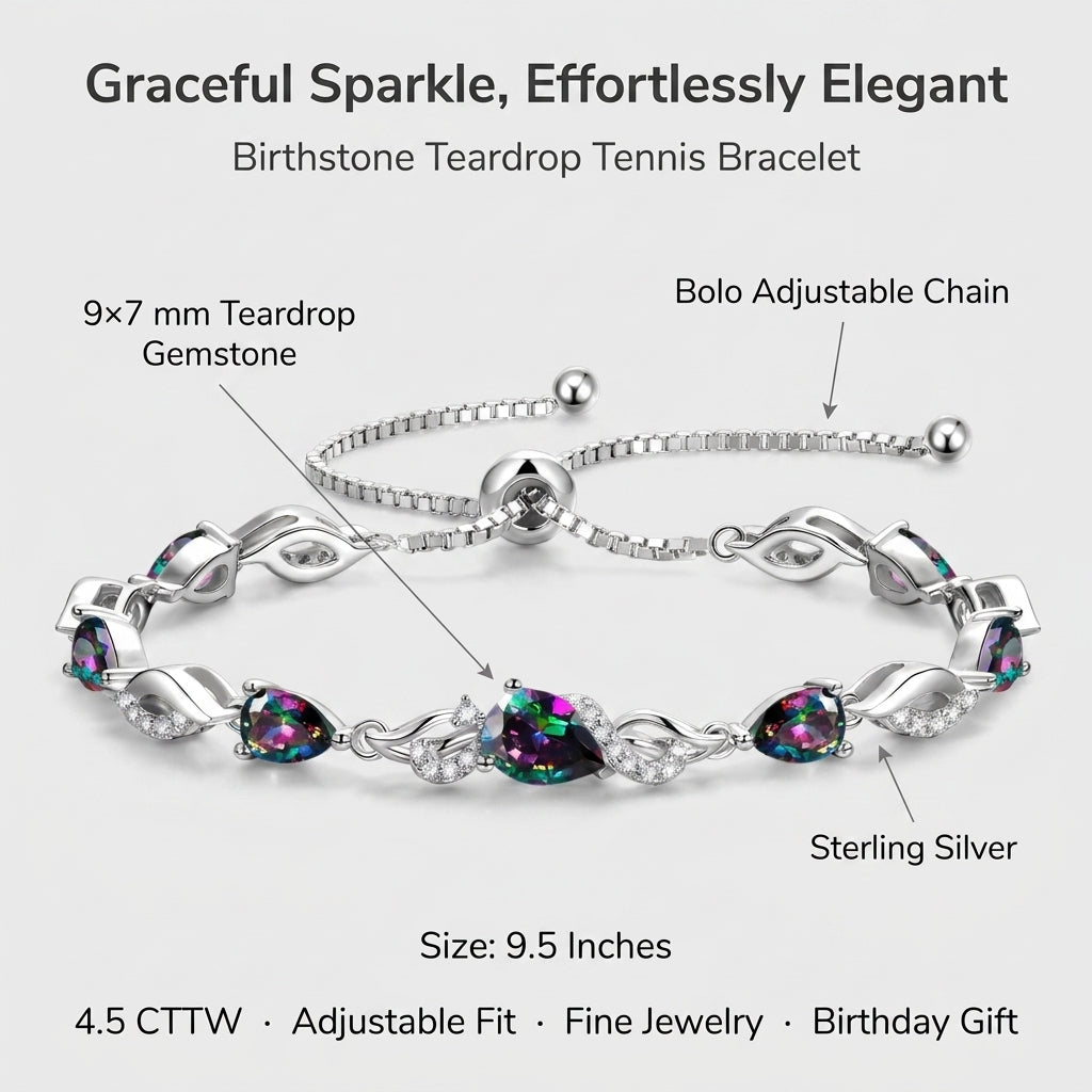 Alexandrite tennis bracelet details: 9x7mm teardrop gemstone, bolo adjustable chain, sterling silver, 9.5 inches, 4.5 CTTW