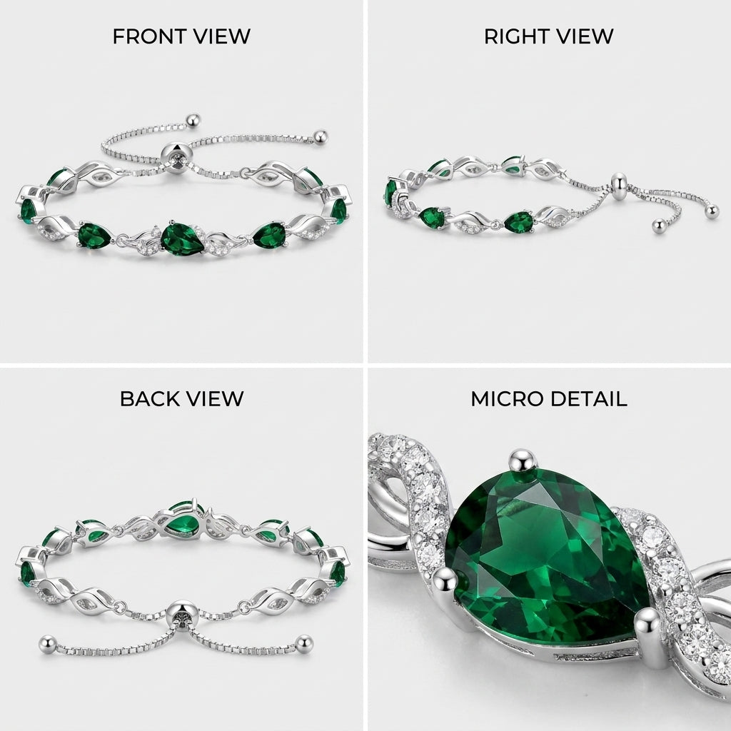 Emerald tennis bracelet details: 9x7mm teardrop gemstone, bolo adjustable chain, sterling silver, 9.5 inches, 4.5 CTTW