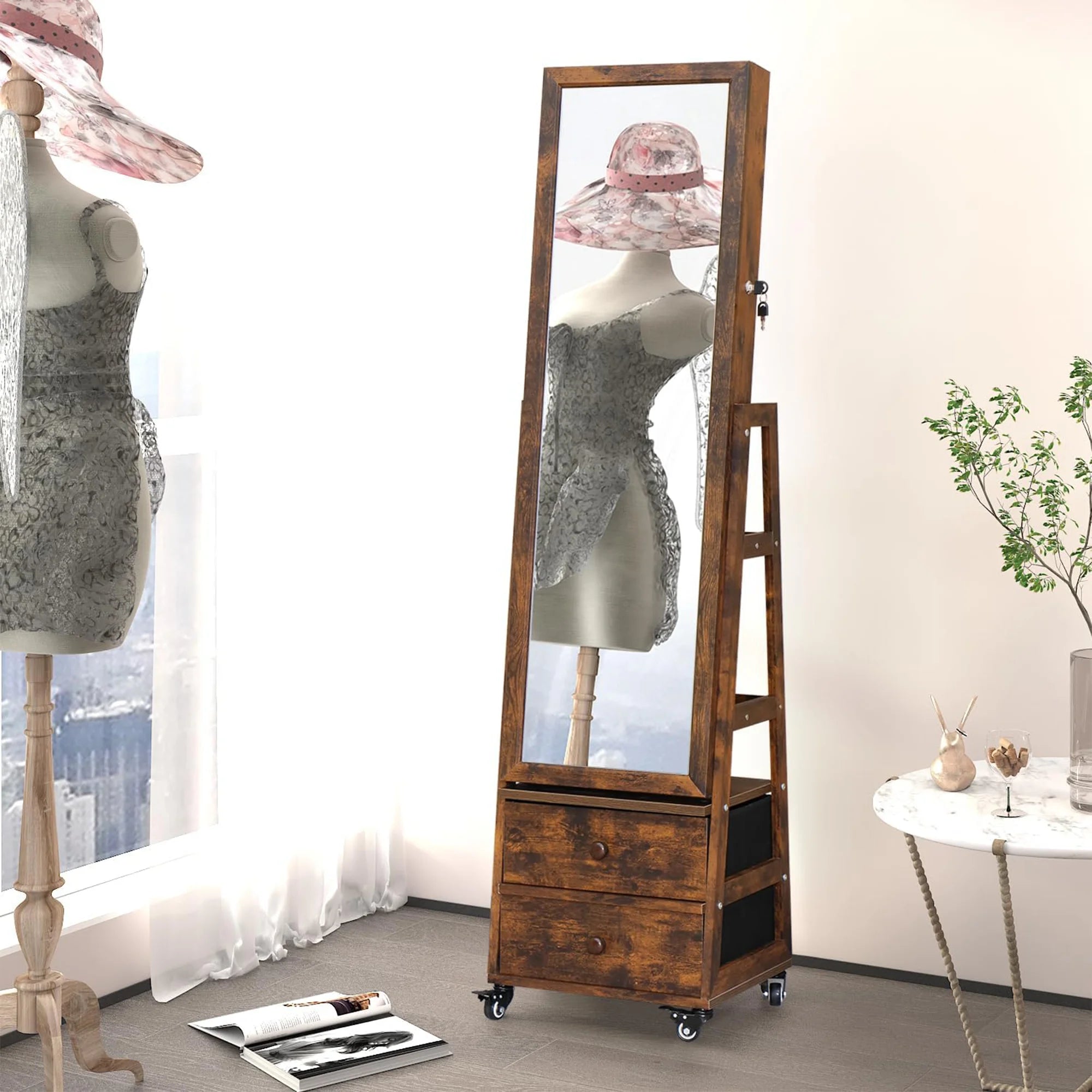 4 in 1 Rustic Brown Rotating Jewelry Cabinet