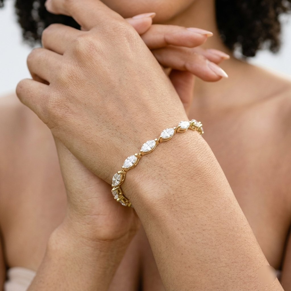 Close-up of marquise moissanite stones set in 14K gold filled chain
