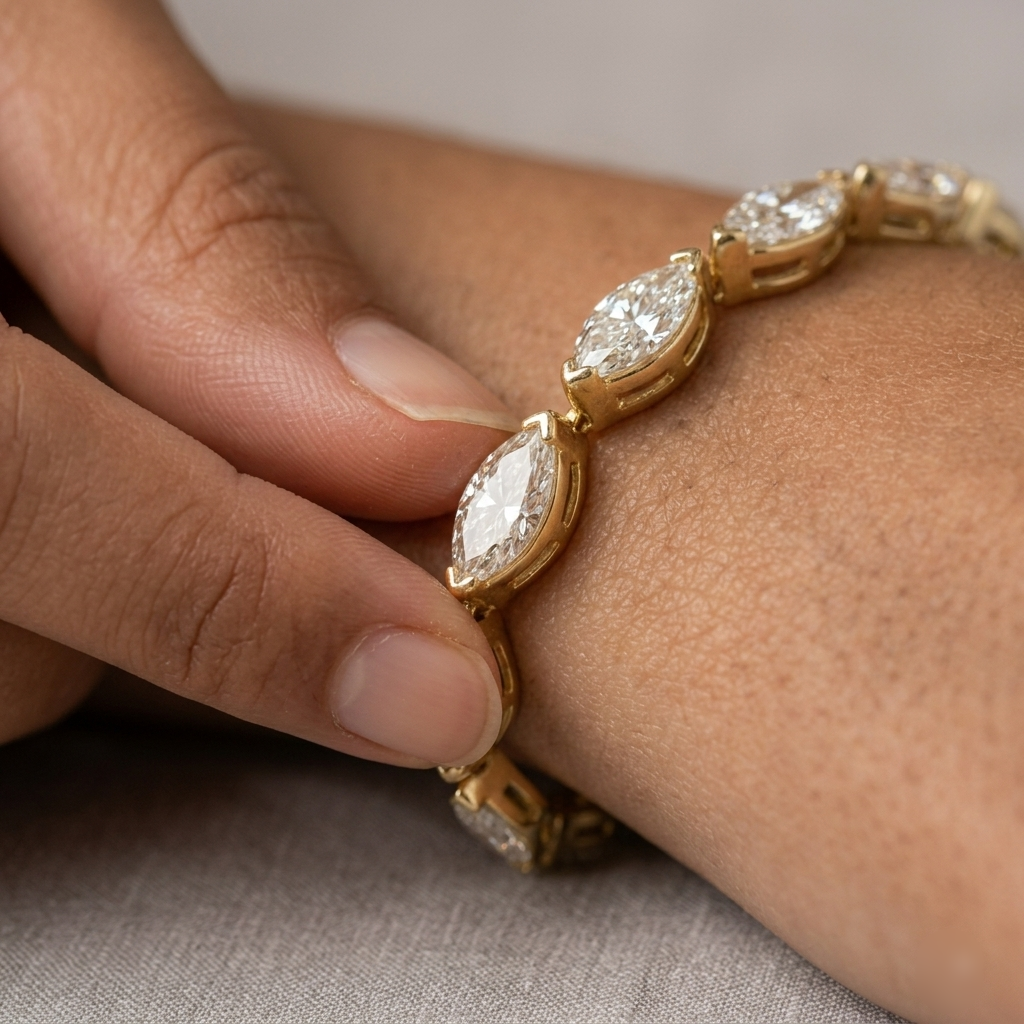 Front, side, back, and macro views of the marquise moissanite tennis bracelet