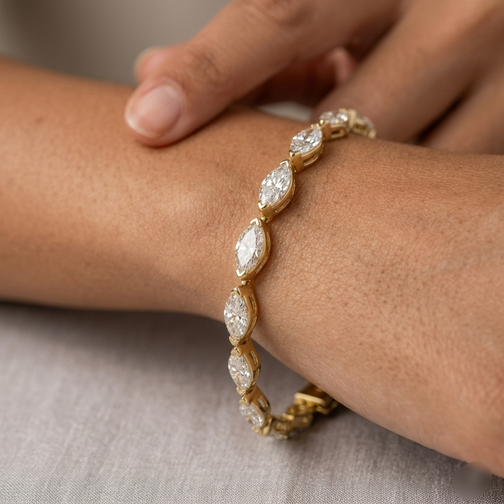 Marquise moissanite tennis bracelet angled view showing sparkle