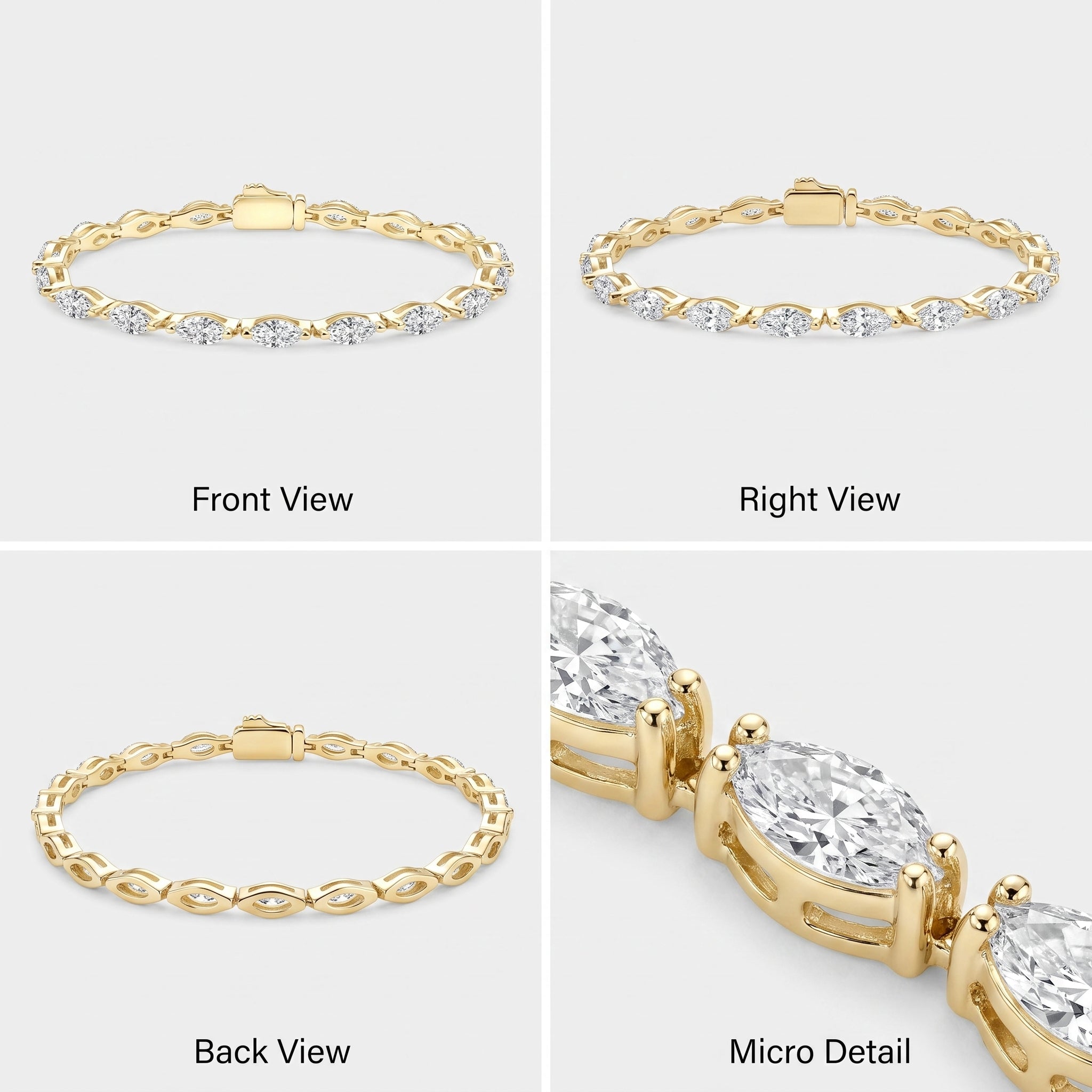 Front, side, back, and macro views of the marquise moissanite tennis bracelet