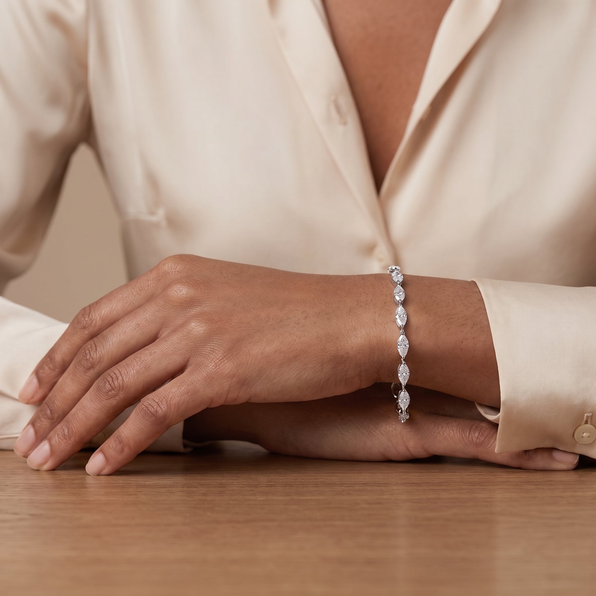 Marquise moissanite tennis bracelet close-up showing sparkle