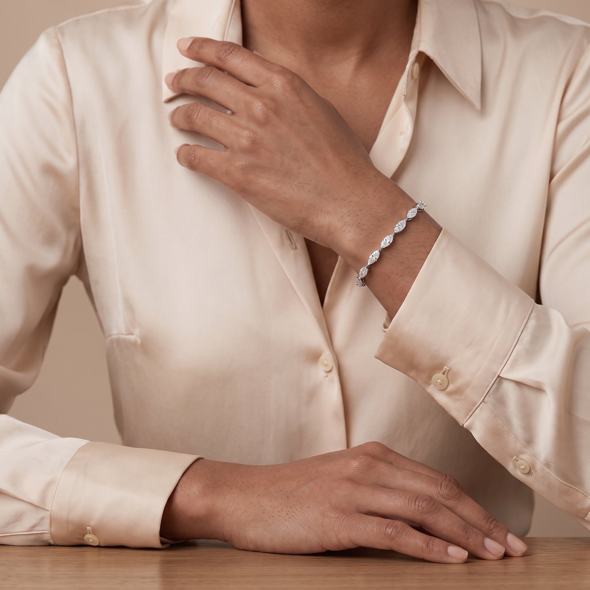 Close-up of marquise moissanite stones set in 14K white gold filled chain