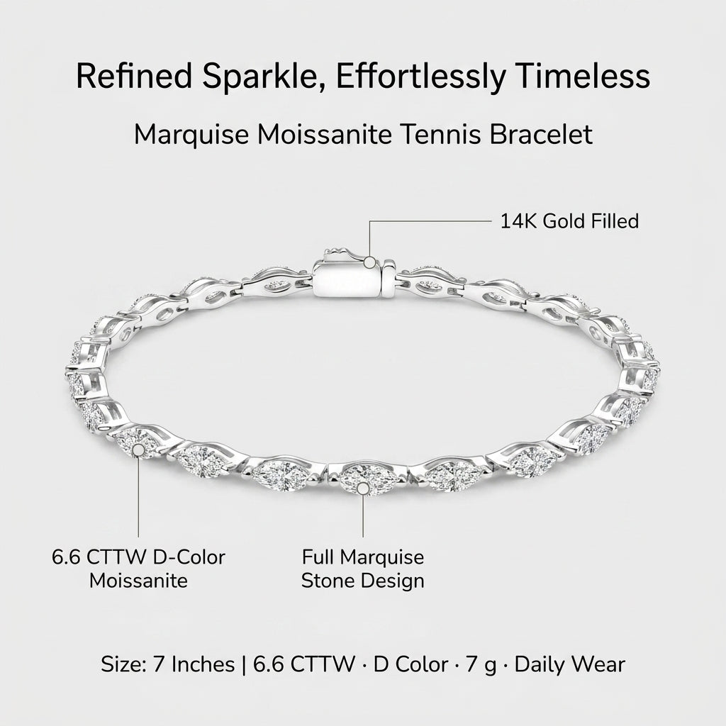 Marquise moissanite tennis bracelet details: 3x6mm marquise stones, 14K white gold filled, 7 inches, 6.6 CTTW