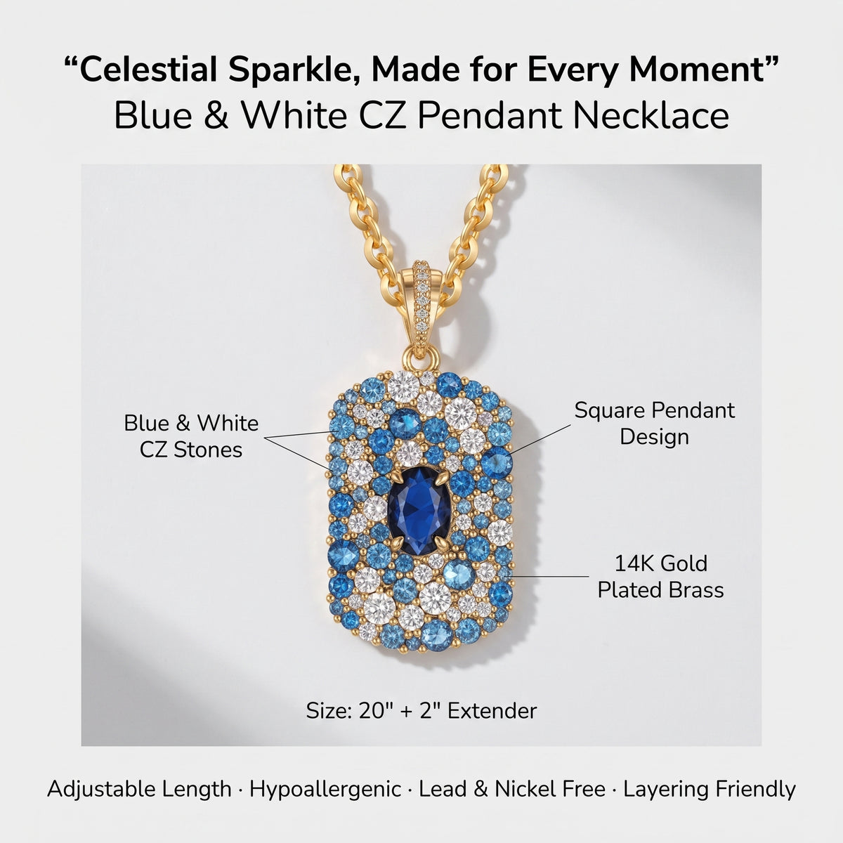 Blue and white CZ pendant necklace details: rectangle tag design, 14K gold plated brass, 20 inch chain plus 2 inch extender