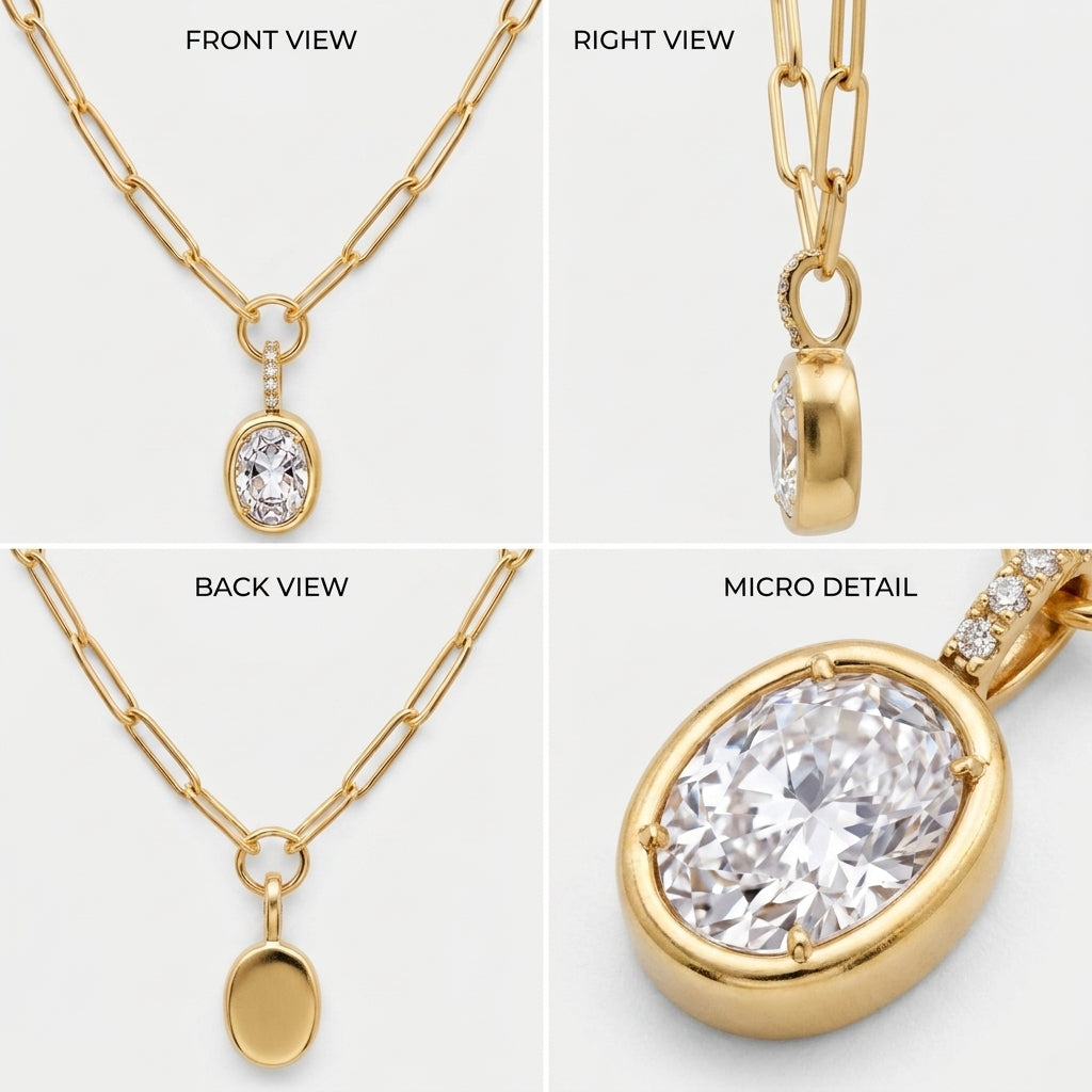Front, side, back and close-up views of a gold bezel set oval cubic zirconia pendant