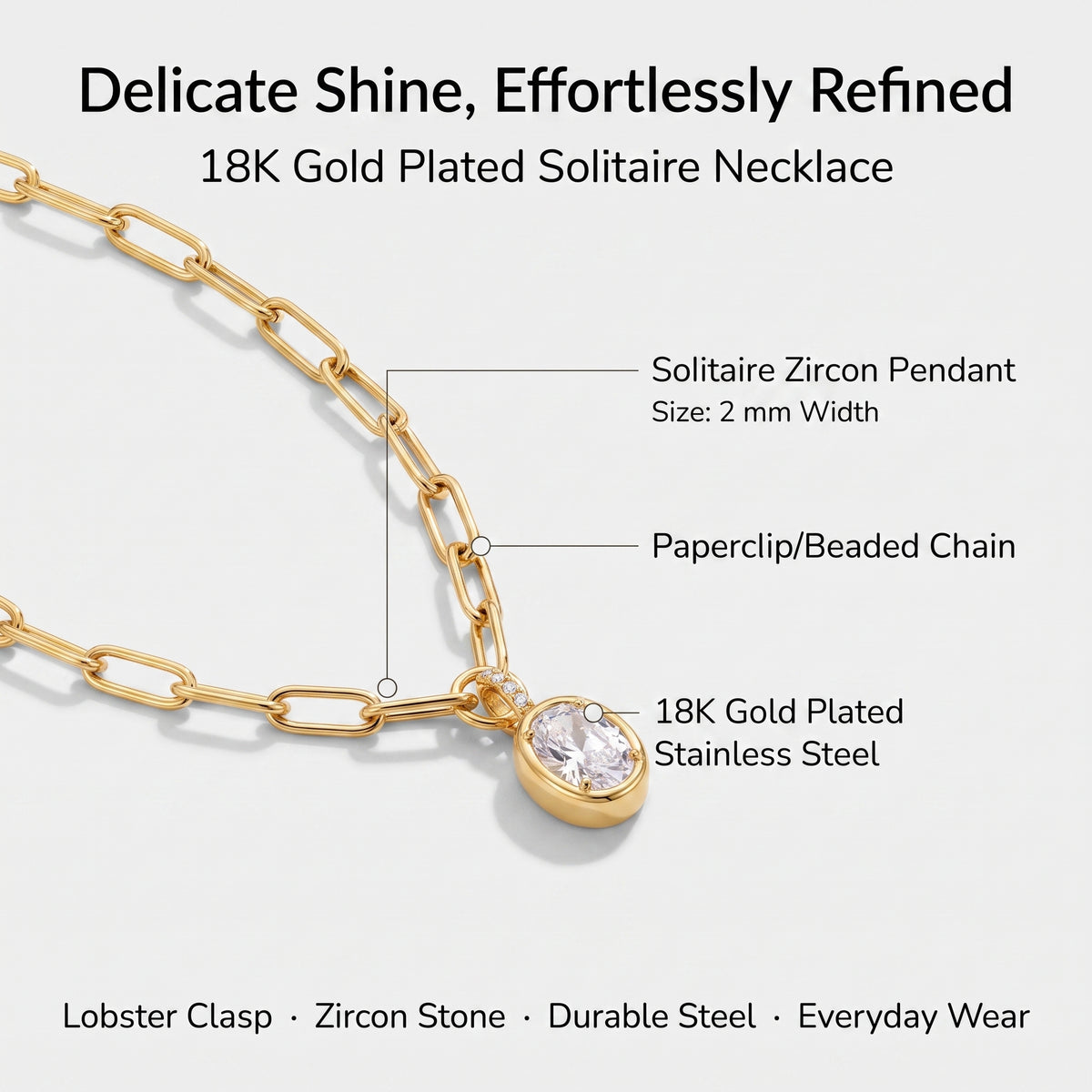 Oval CZ solitaire necklace details: paperclip chain, 18K gold plated stainless steel, lobster clasp