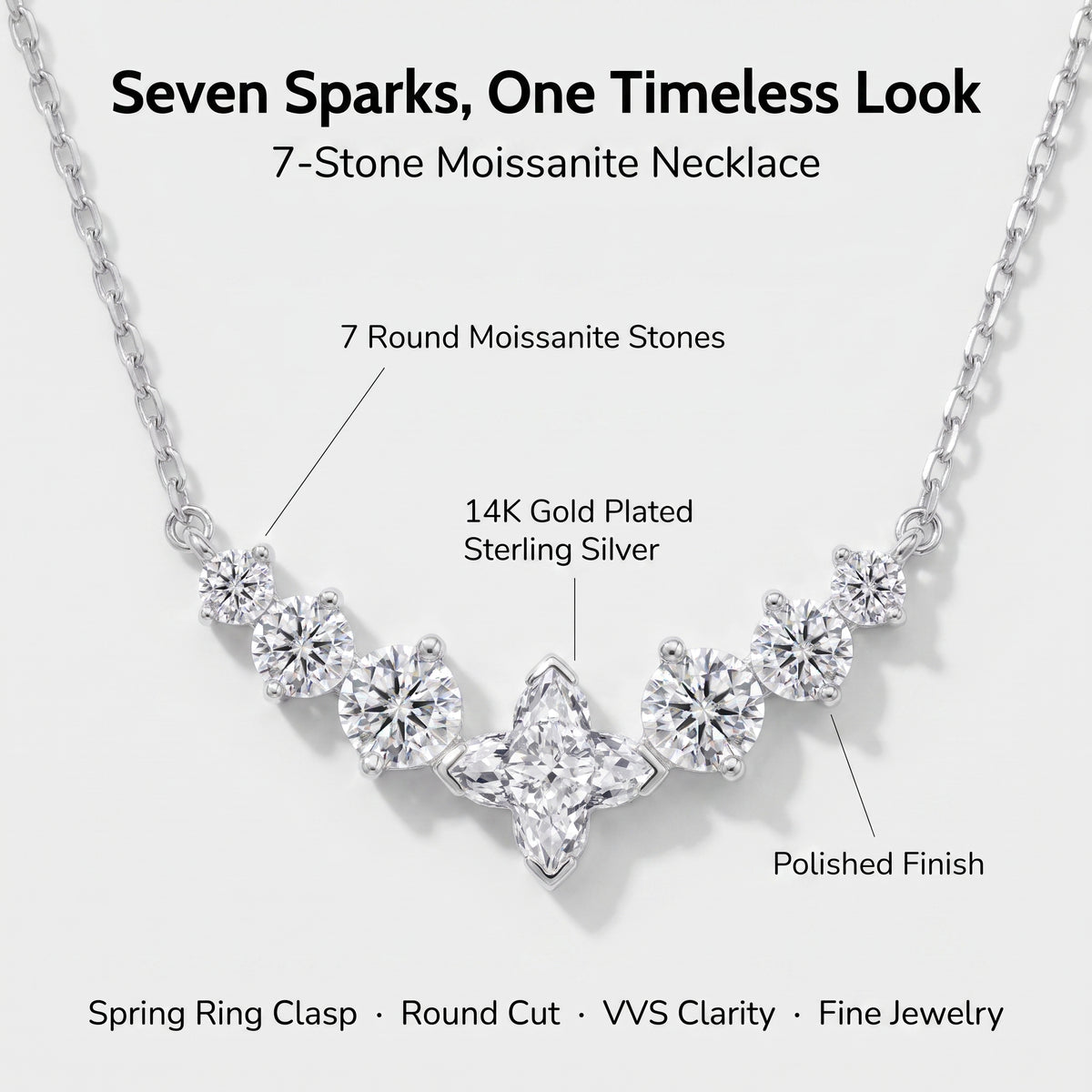 7 stone moissanite necklace details: round moissanite stones, polished finish, spring ring clasp