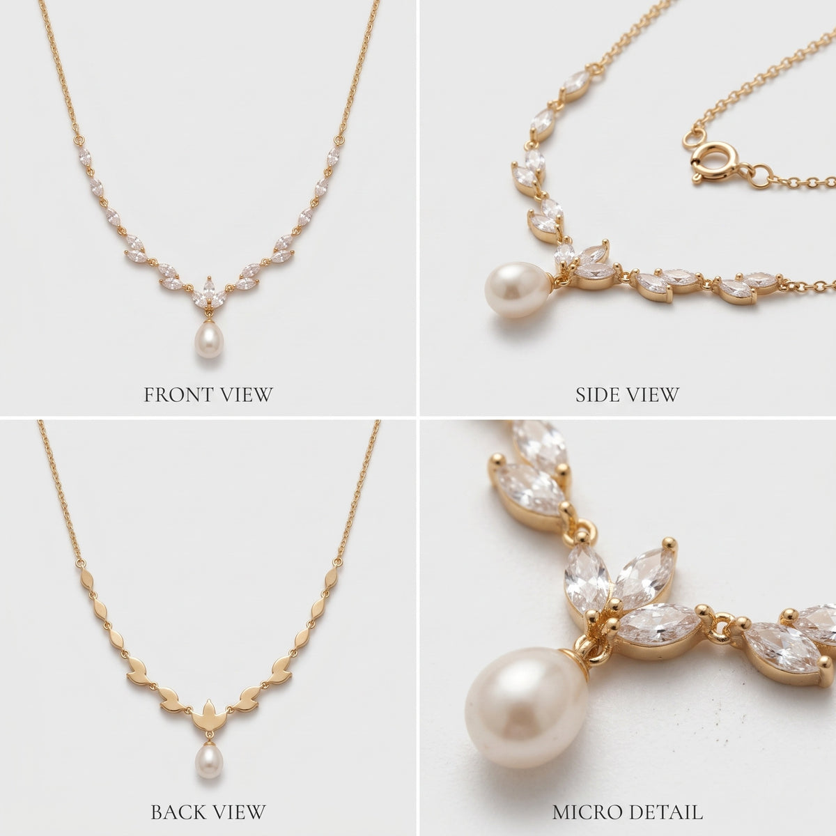 Front, side, back and close-up views of a pearl drop CZ bridal necklace in gold