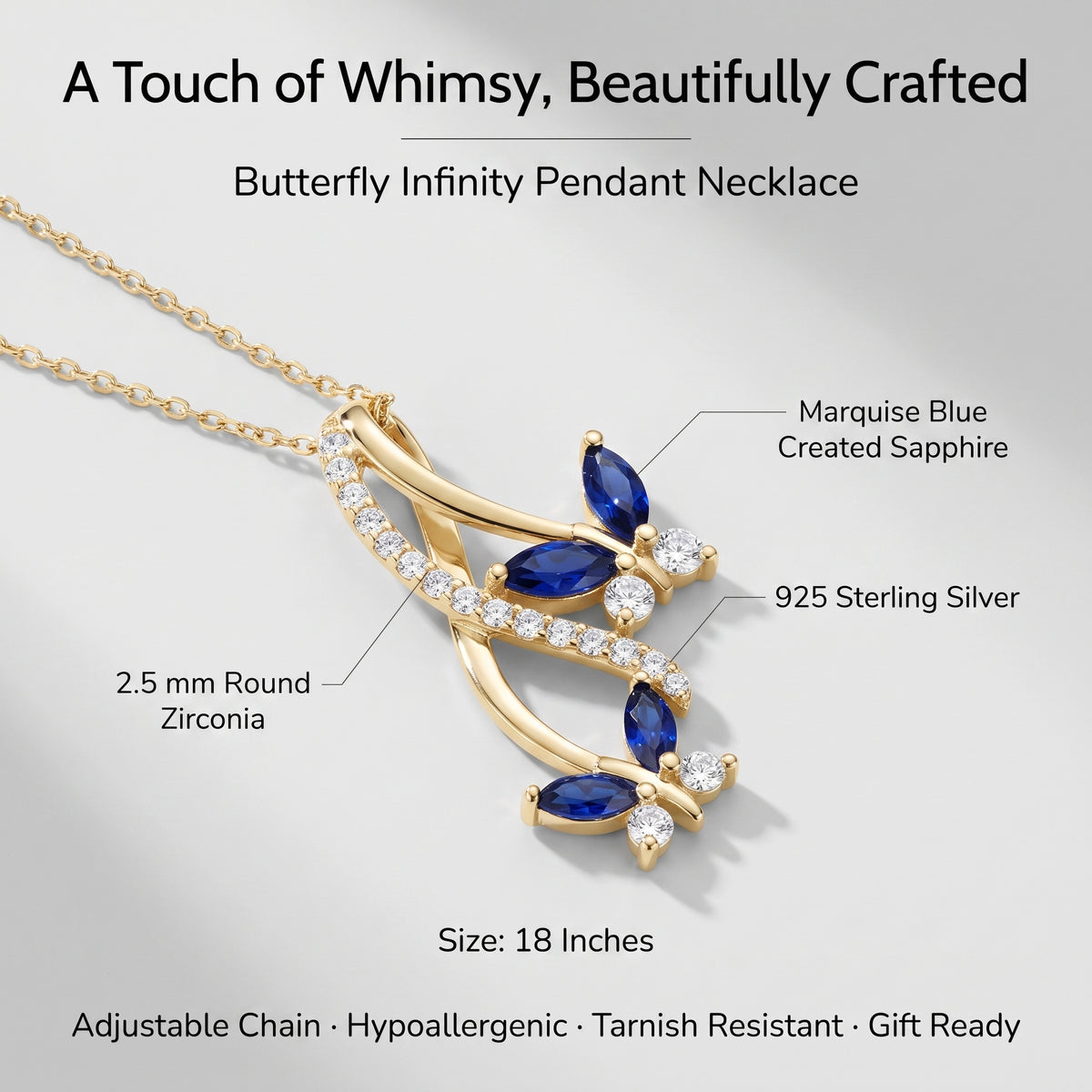 Butterfly infinity necklace details: marquise blue created sapphire, round cubic zirconia, 925 sterling silver, 18 inch chain