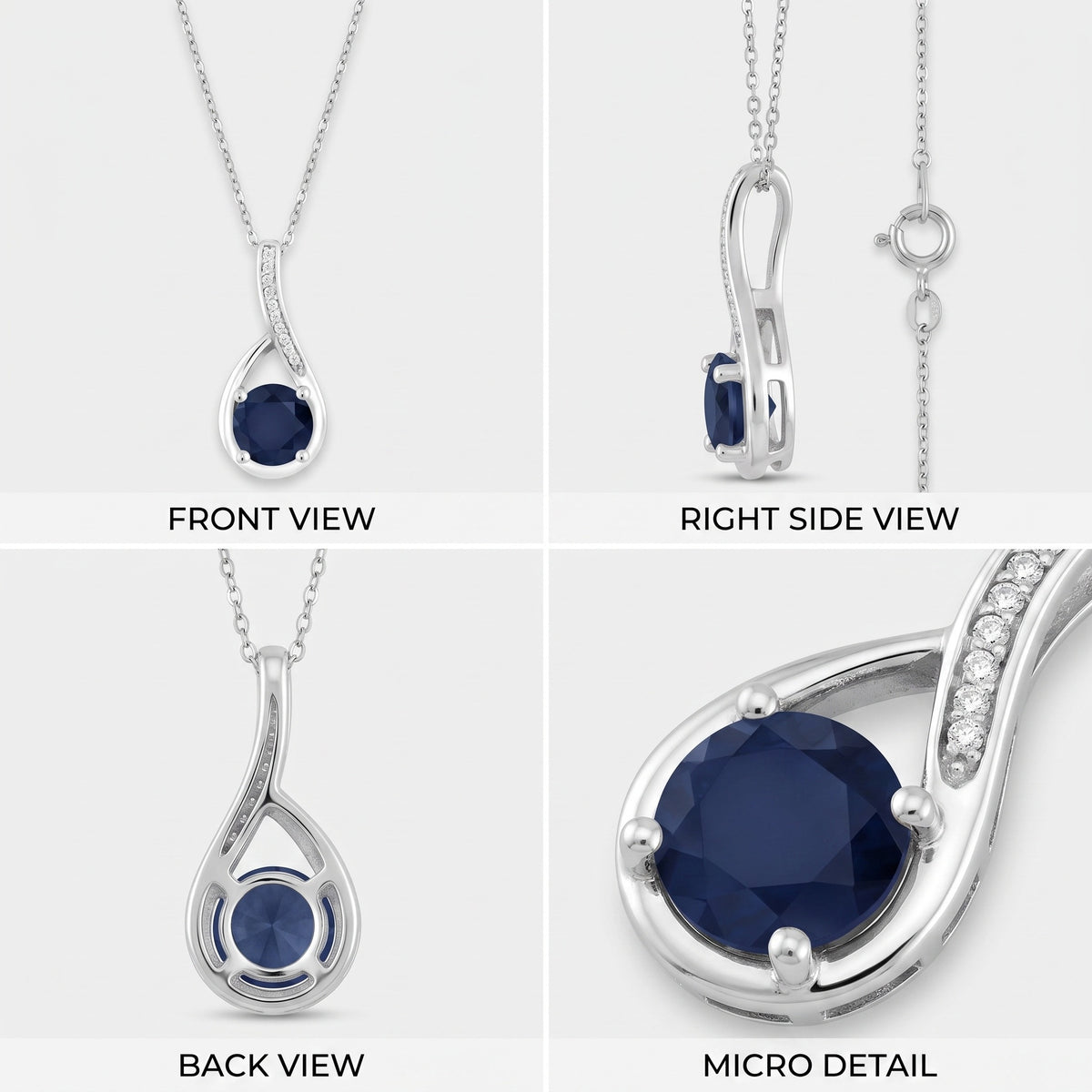 Front, side, back and close-up views of a blue sapphire infinity pendant in sterling silver