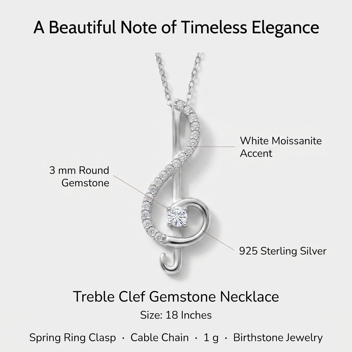 Treble clef necklace details: 3mm round moissanite center stone, white moissanite accents, 925 sterling silver, 18 inch chain