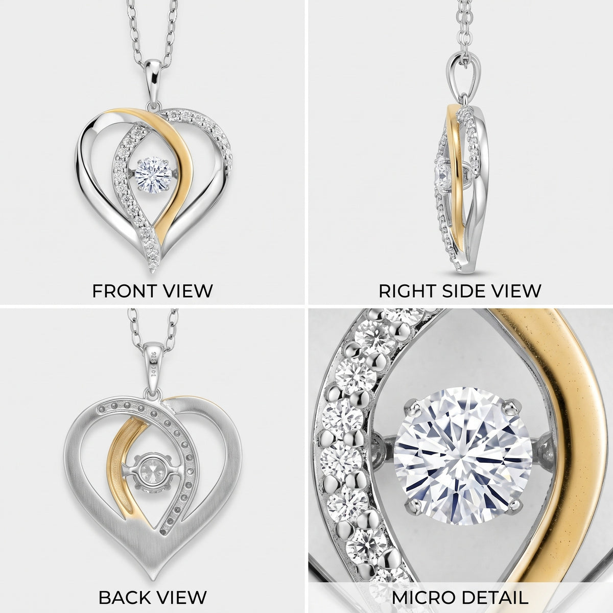Front, side, back and close-up views of a dancing moissanite heart pendant