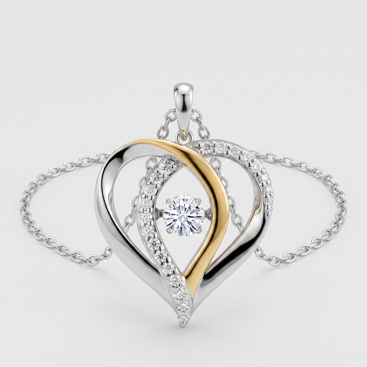 Two tone heart pendant necklace in sterling silver and gold with a dancing moissanite center stone