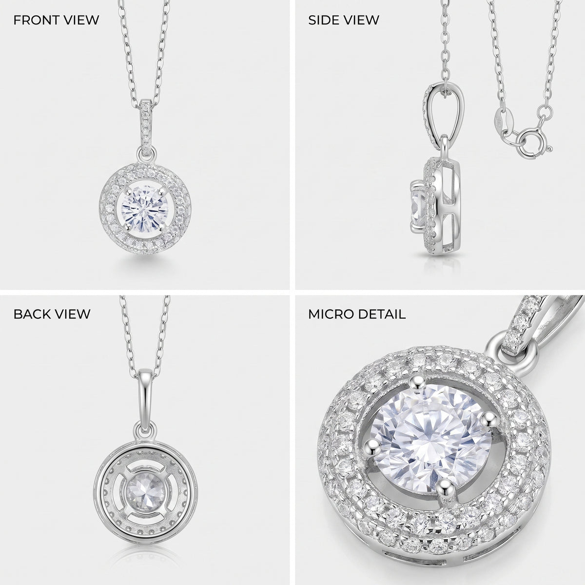 Front, side, back and close-up views of a double halo moissanite pendant